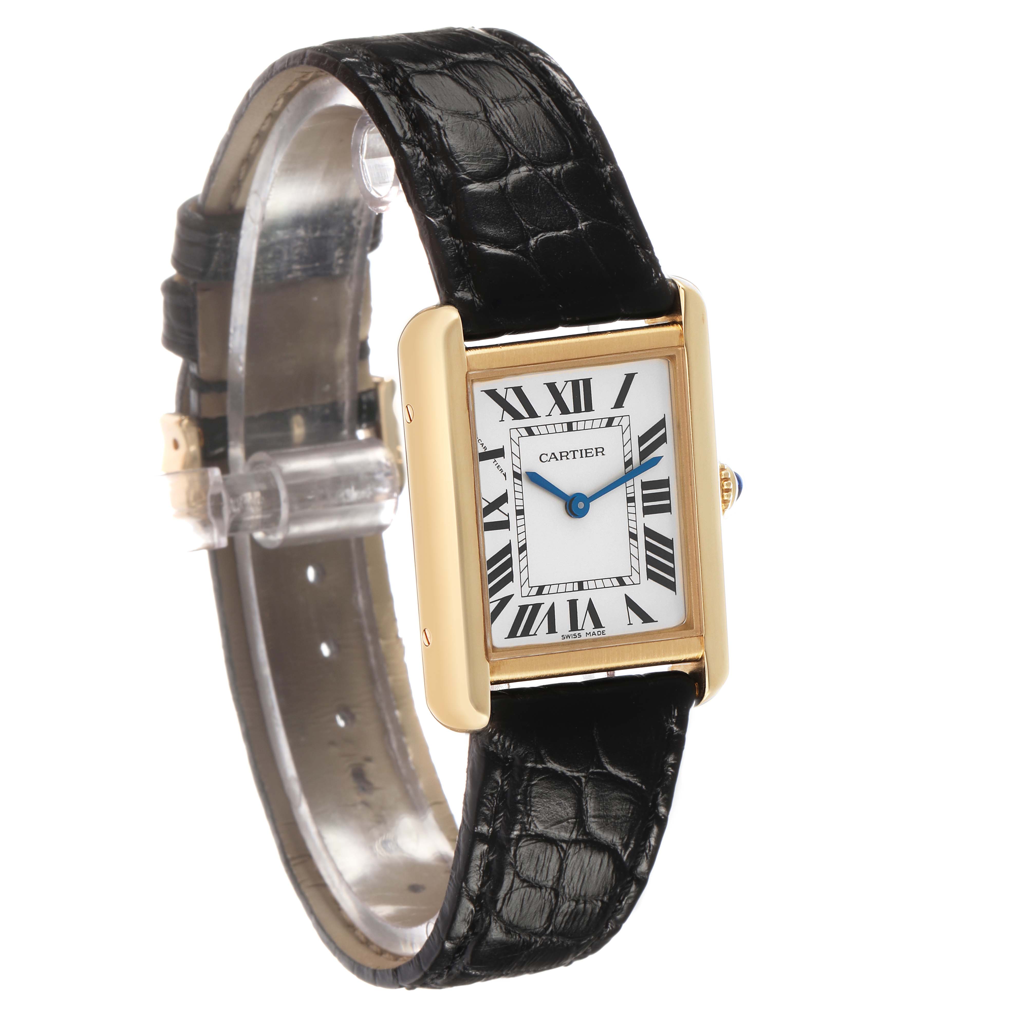 The Cartier Tank Solo W5200002 Women's Yellow Gold Silver Dial watch is shown at an angle displaying the face, bezel, crown, and black strap.
