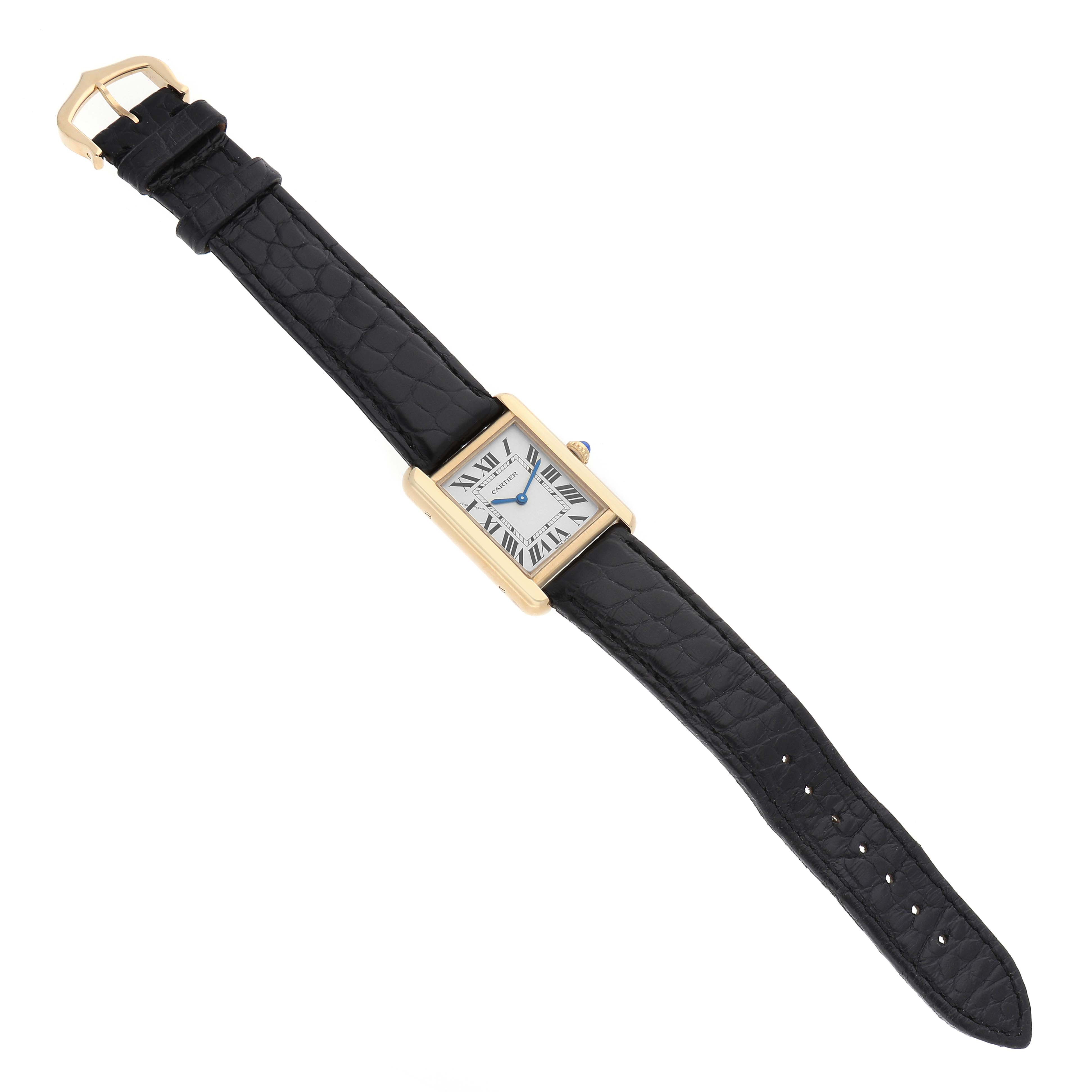 The watch is a Cartier Tank Solo W5200002 Women's Yellow Gold Silver Dial, shown in a top-down angle displaying the face, black leather strap, and gold buckle.