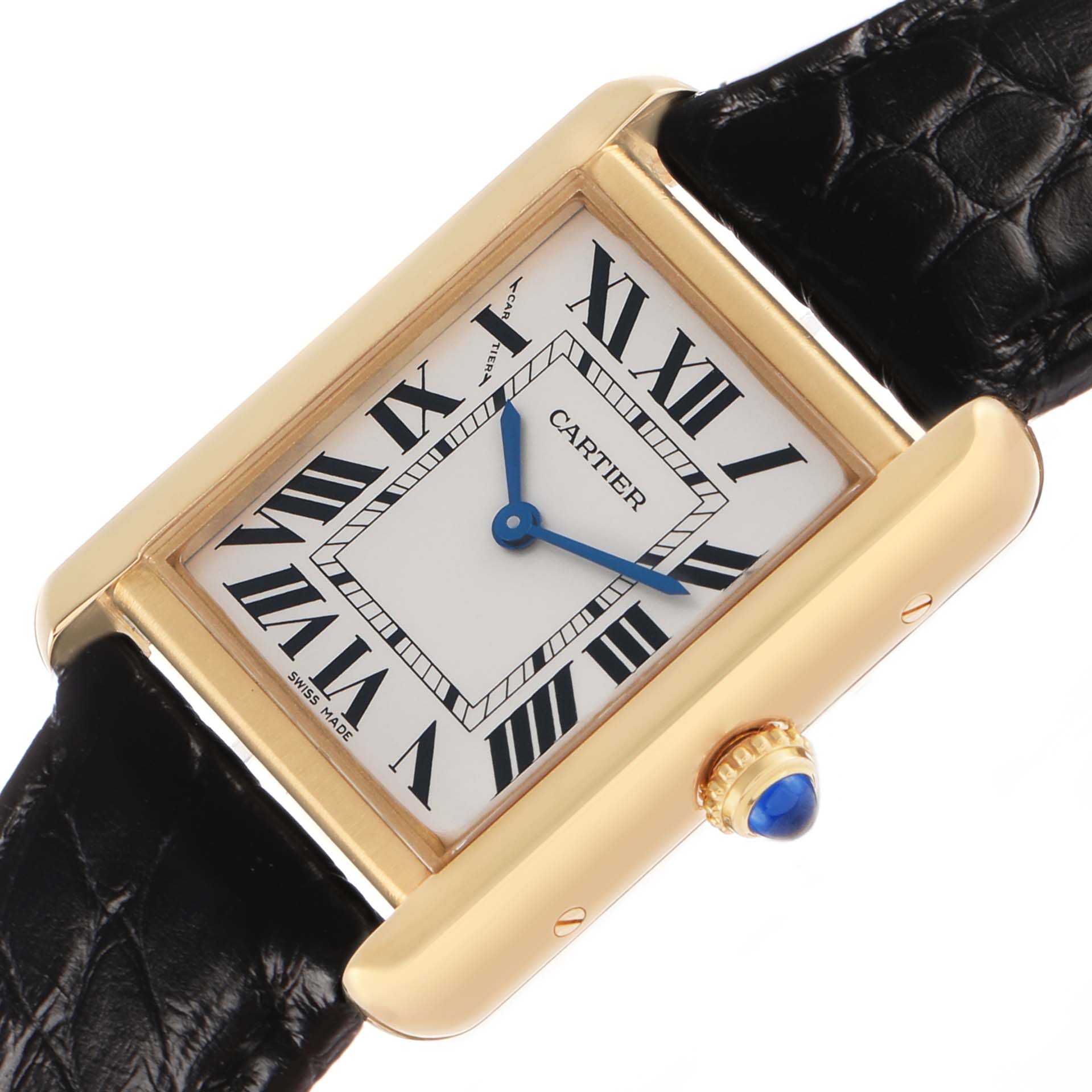 The Cartier Tank Solo W5200002 Women's Yellow Gold Silver Dial watch is shown at an angled close-up, displaying its rectangular gold case, white dial, black Roman numerals, and blue hands.