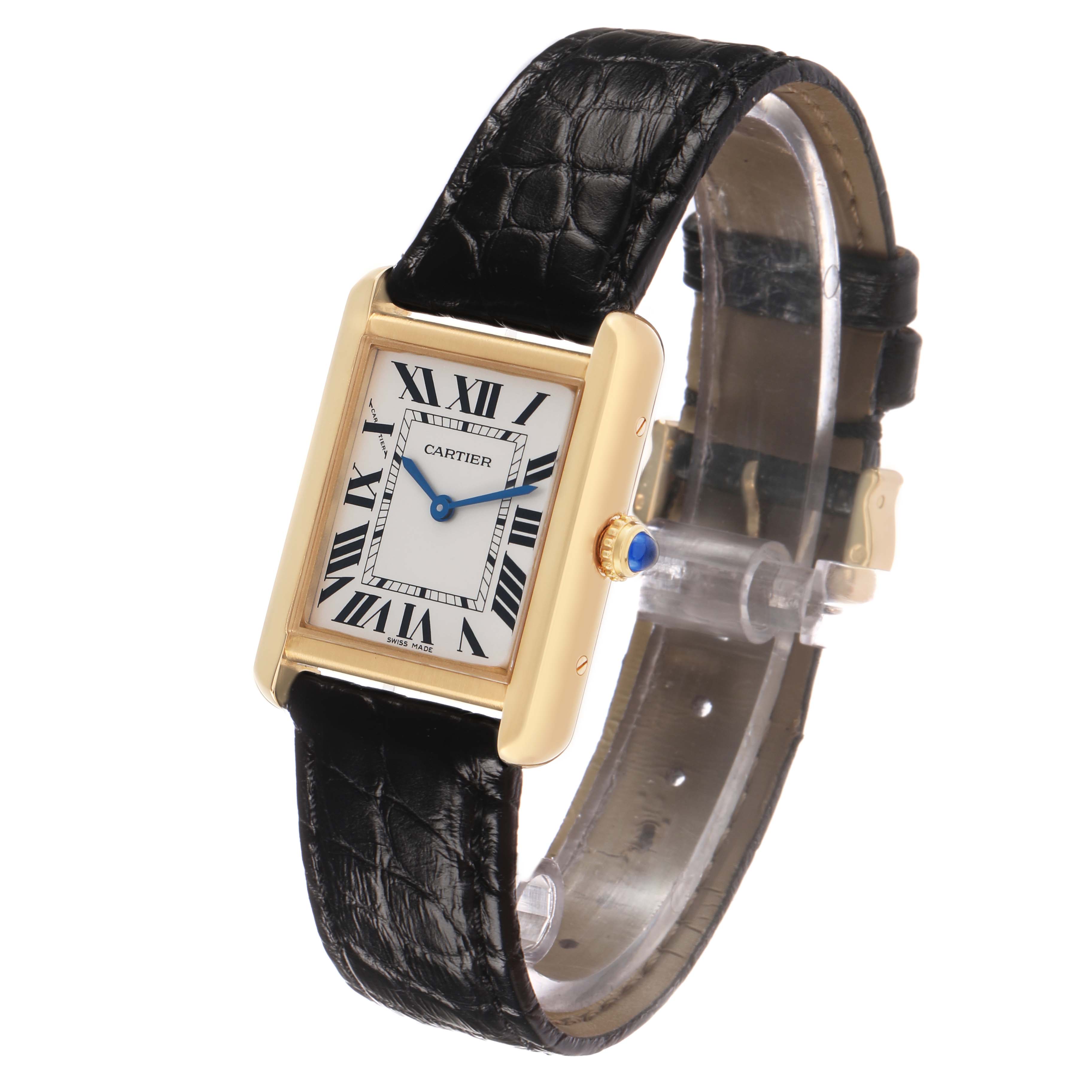 The Cartier Tank Solo W5200002 Women's Yellow Gold Silver Dial watch is shown at an angled view, displaying its face, gold case, crown, and black leather strap.