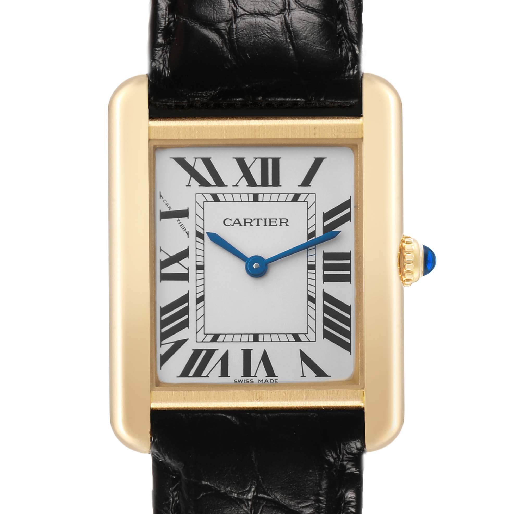 The Cartier Tank Solo W5200002 Women's Yellow Gold Silver Dial watch is shown from a front angle, highlighting the dial, case, crown, and part of the leather strap.