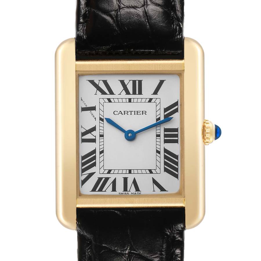 The Cartier Tank Solo W5200002 Women's Yellow Gold Silver Dial watch is shown from a front angle, highlighting the dial, case, crown, and part of the leather strap.