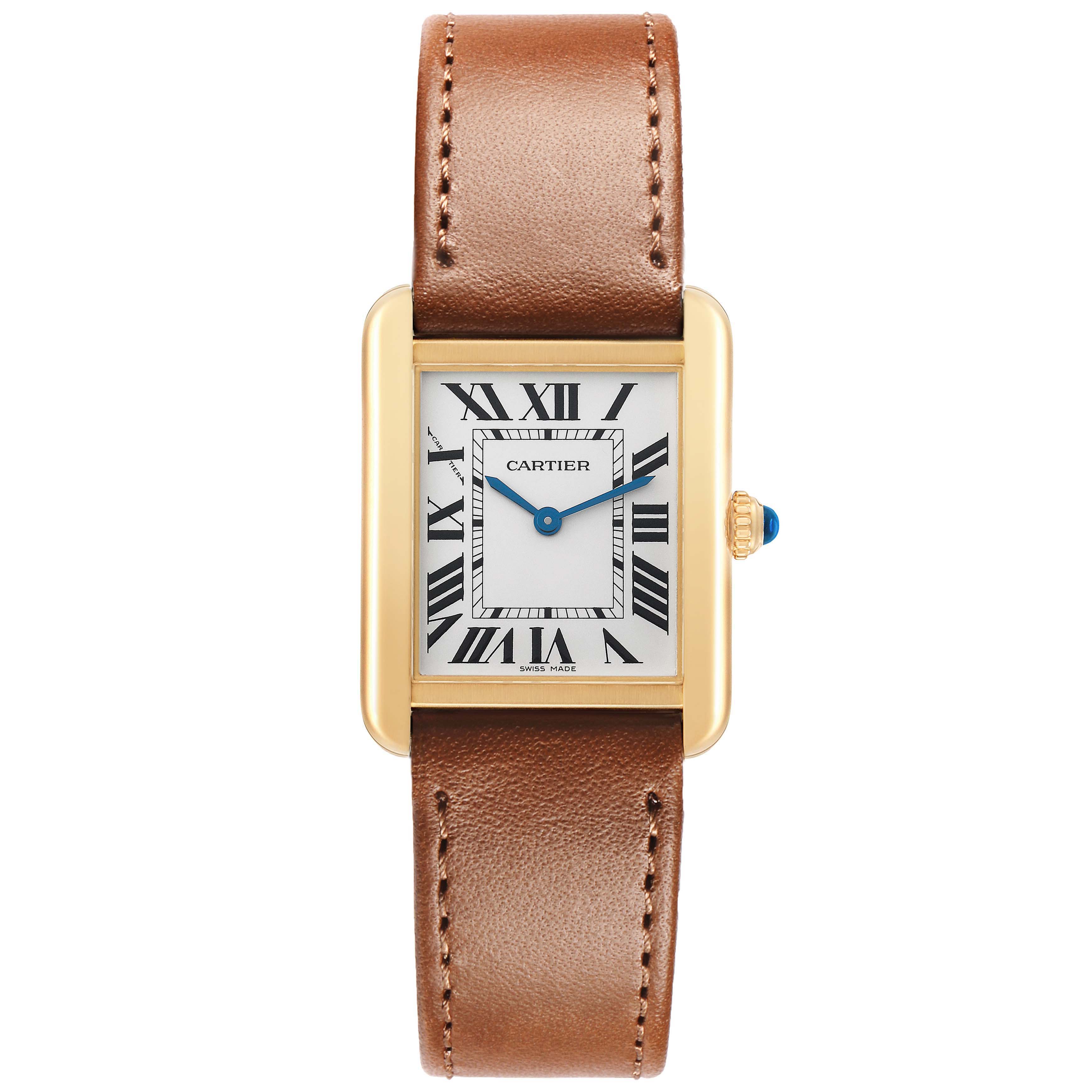 The Cartier Tank Solo W5200002 Women's Yellow Gold Silver Dial watch is shown from a top view, highlighting its rectangular case, Roman numeral dial, and brown leather strap.