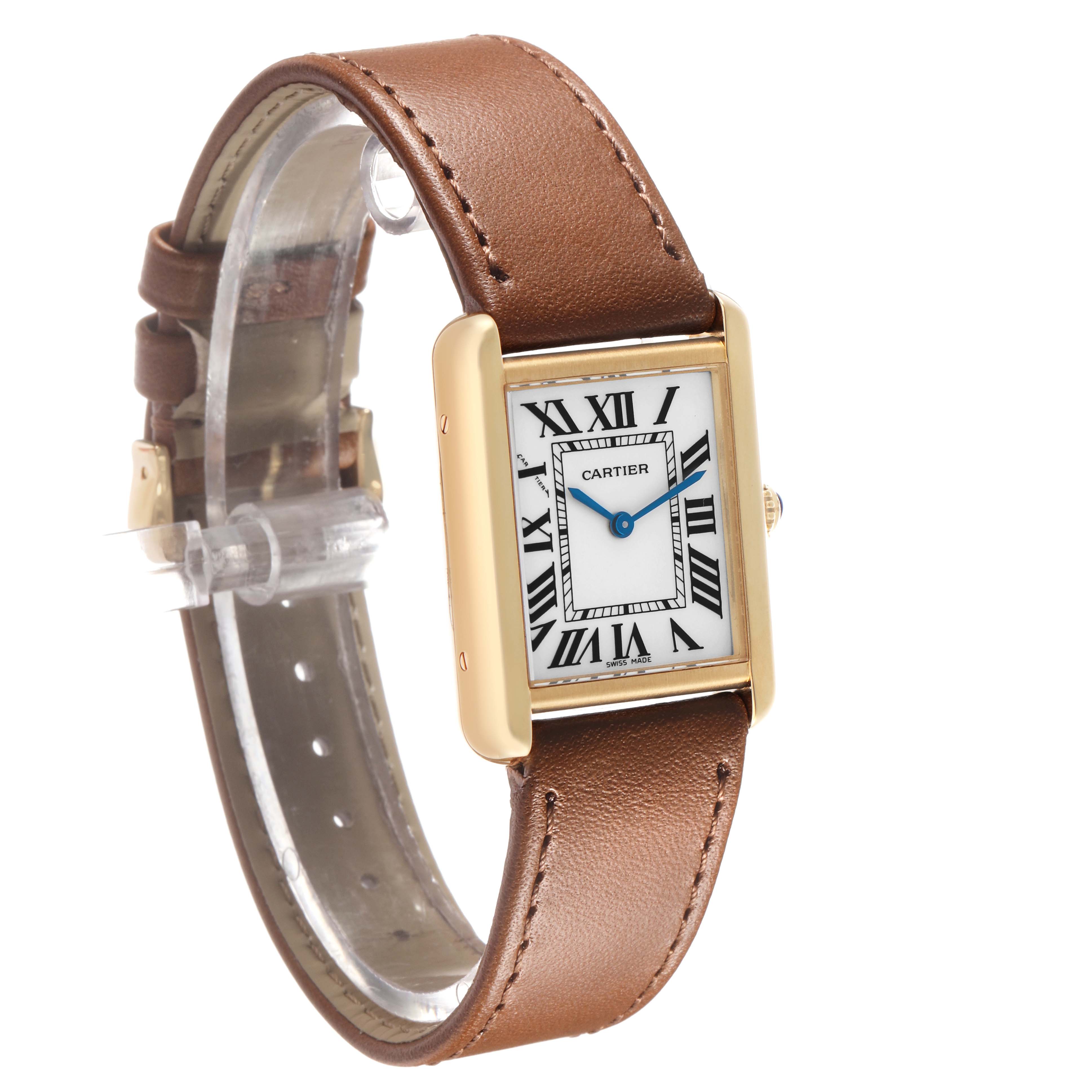 The Cartier Tank Solo W5200002 Women's Yellow Gold Silver Dial watch is shown at a slight angle, highlighting its rectangular face, Roman numerals, and brown leather strap.