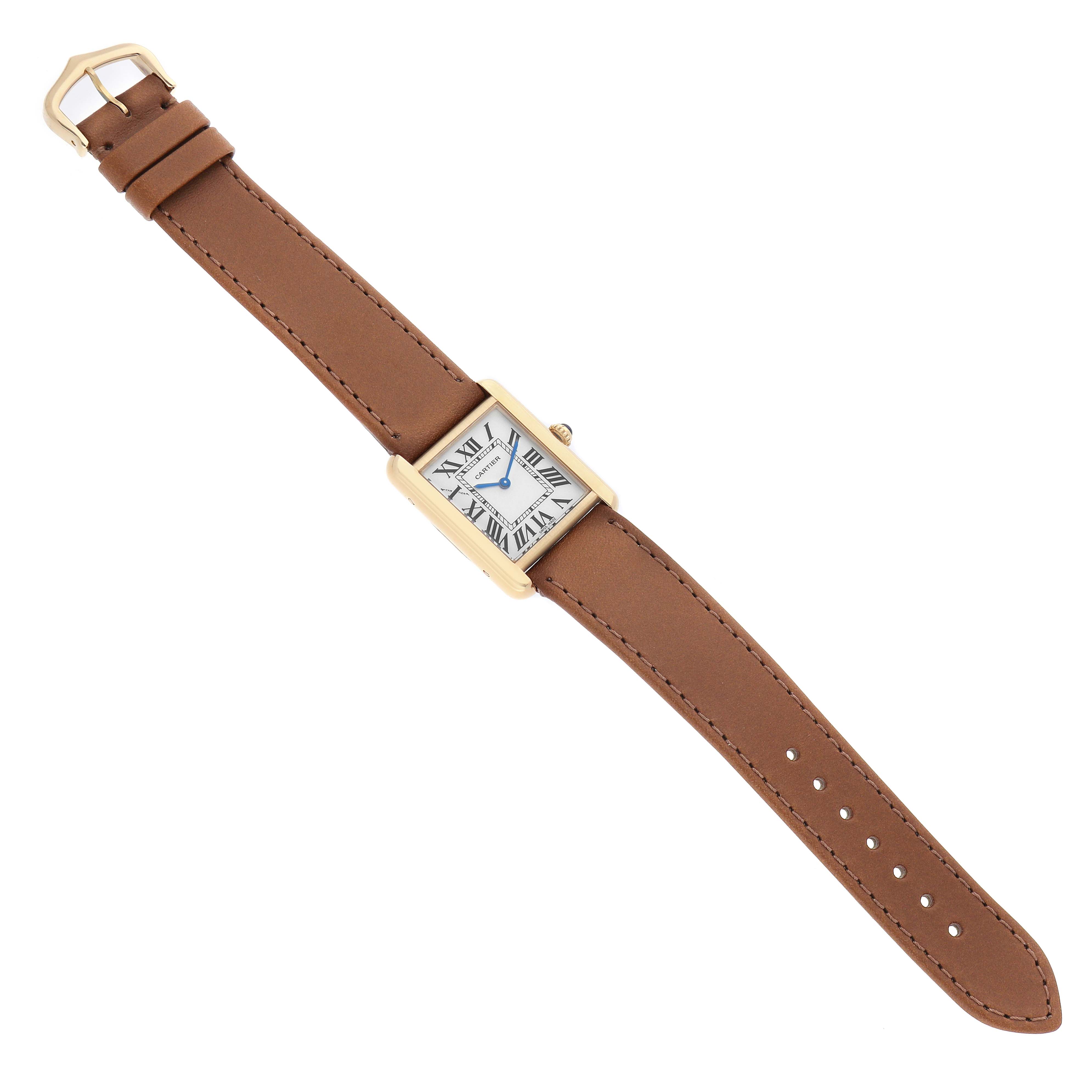 The Cartier Tank Solo W5200002 Women's Yellow Gold Silver Dial watch is shown from a top-down angle, displaying its brown leather strap and rectangular face with Roman numerals.