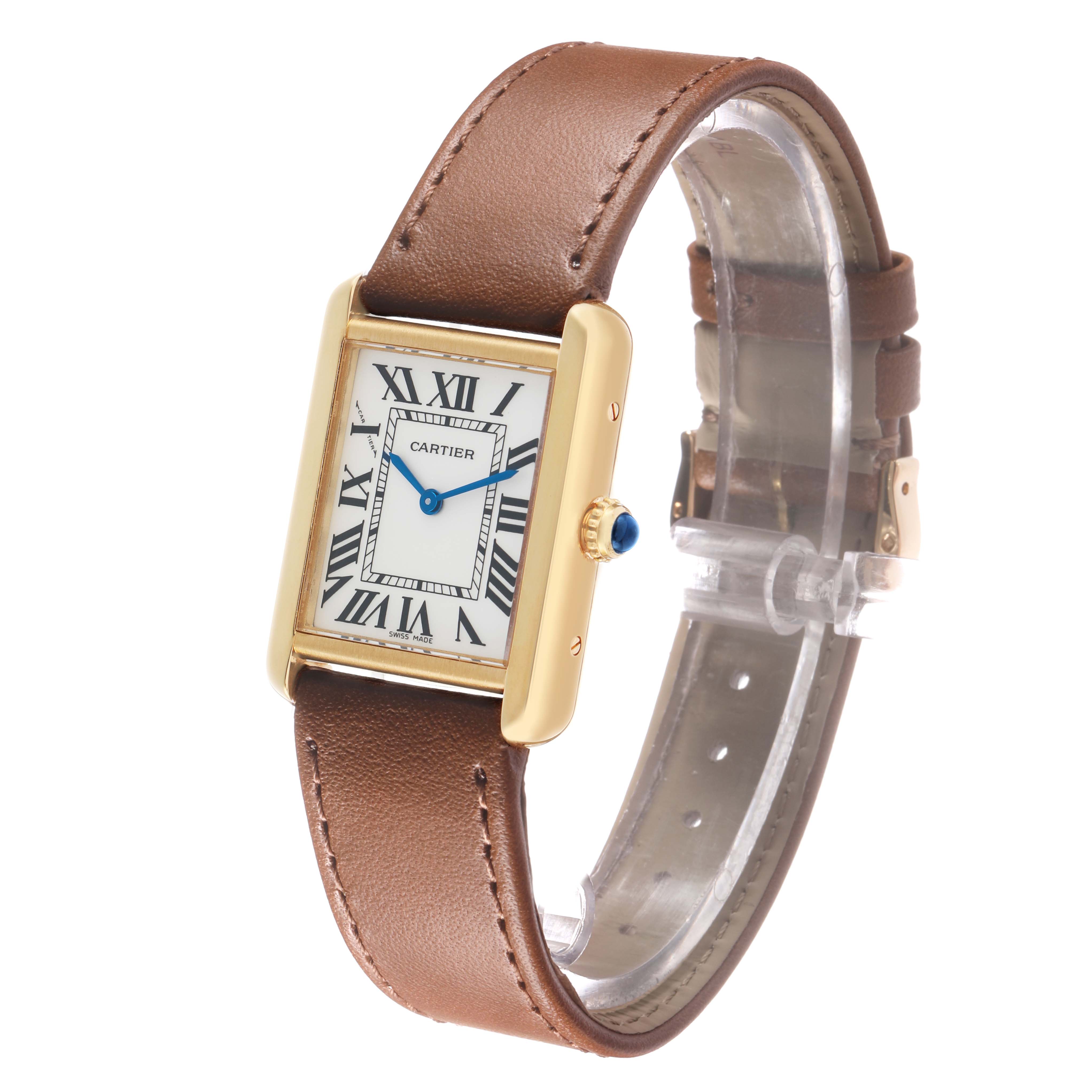 The Cartier Tank Solo W5200002 Women's Yellow Gold Silver Dial watch is shown at a slight angle, highlighting its face, brown leather strap, and gold casing.