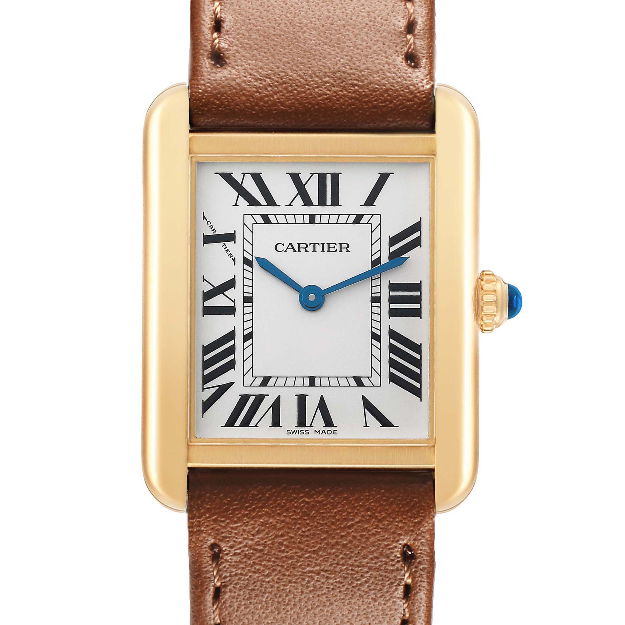 The Cartier Tank Solo W5200002 Women's Yellow Gold Silver Dial watch is shown from the front, highlighting the dial, hands, crown, and leather strap.