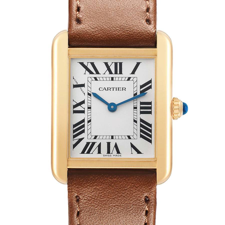 The Cartier Tank Solo W5200002 Women's Yellow Gold Silver Dial watch is shown from the front, highlighting the dial, hands, crown, and leather strap.