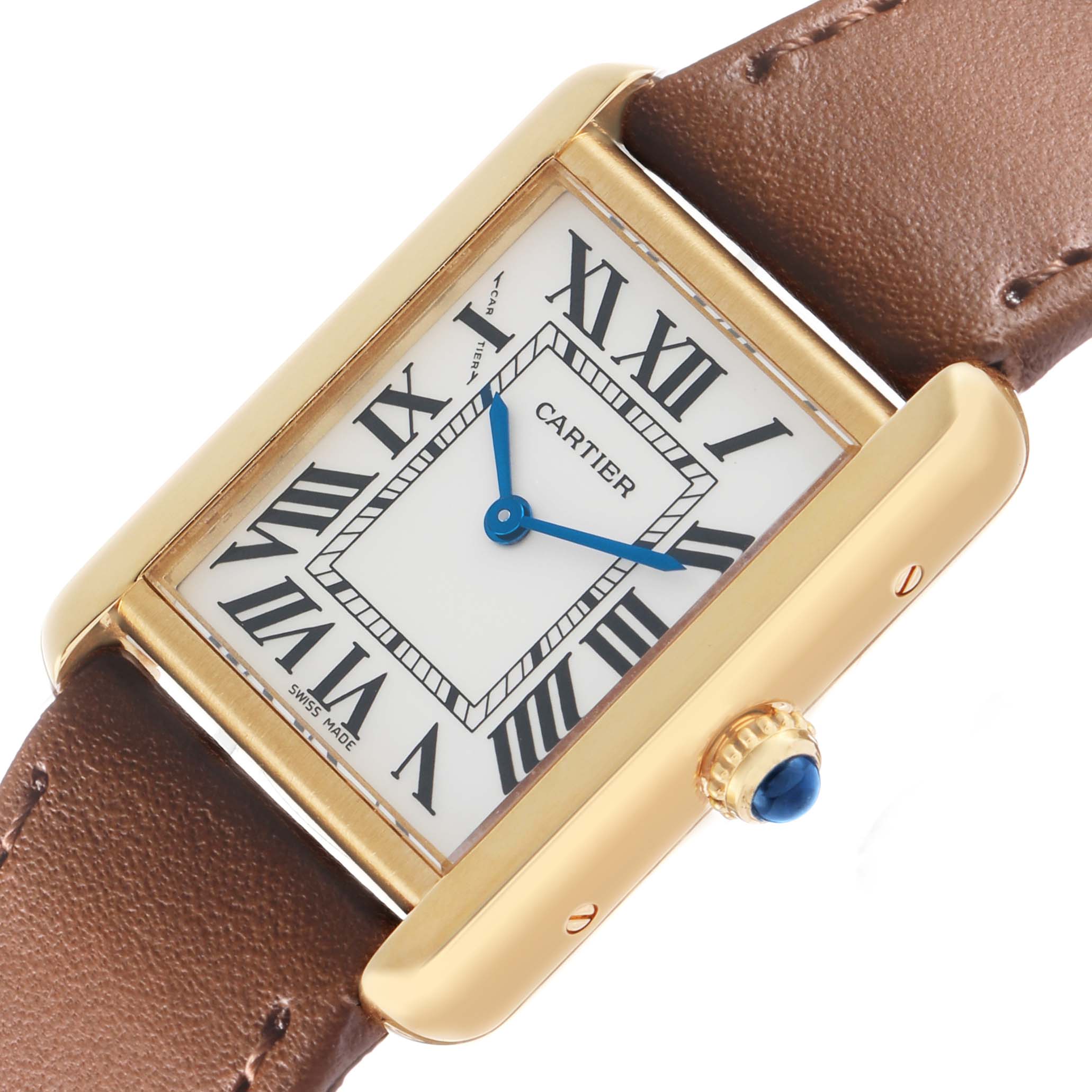 The Cartier Tank Solo W5200002 Women's Yellow Gold Silver Dial watch is shown at an angle highlighting the face, crown, and leather strap.