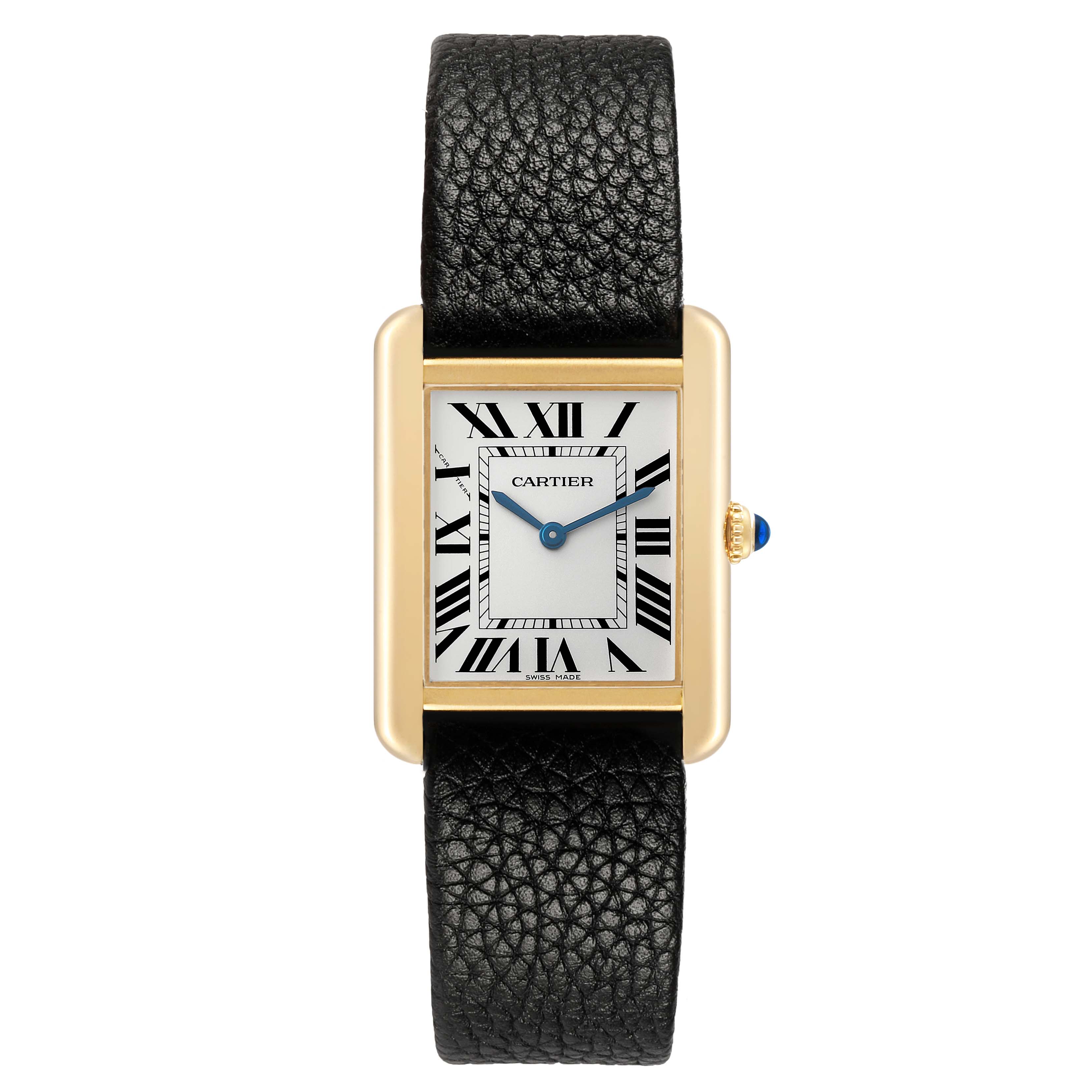 The Cartier Tank Solo W5200002 Women's Yellow Gold Silver Dial watch is shown from the front, highlighting the rectangular case, dial with Roman numerals, and leather strap.