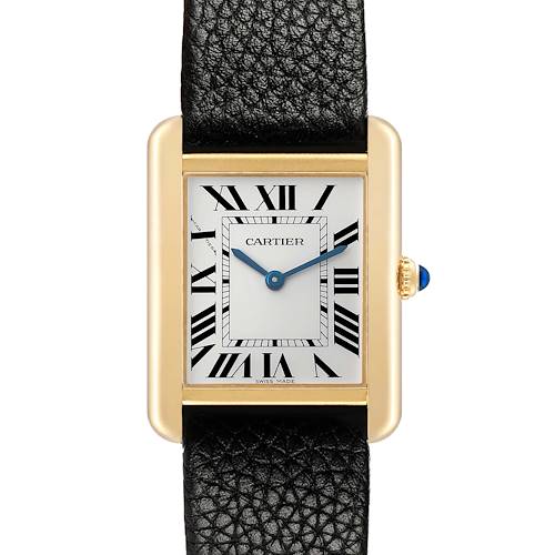 The Cartier Tank Solo W5200002 Women's Yellow Gold Silver Dial watch is shown from the front, highlighting the dial, gold case, and black leather strap.