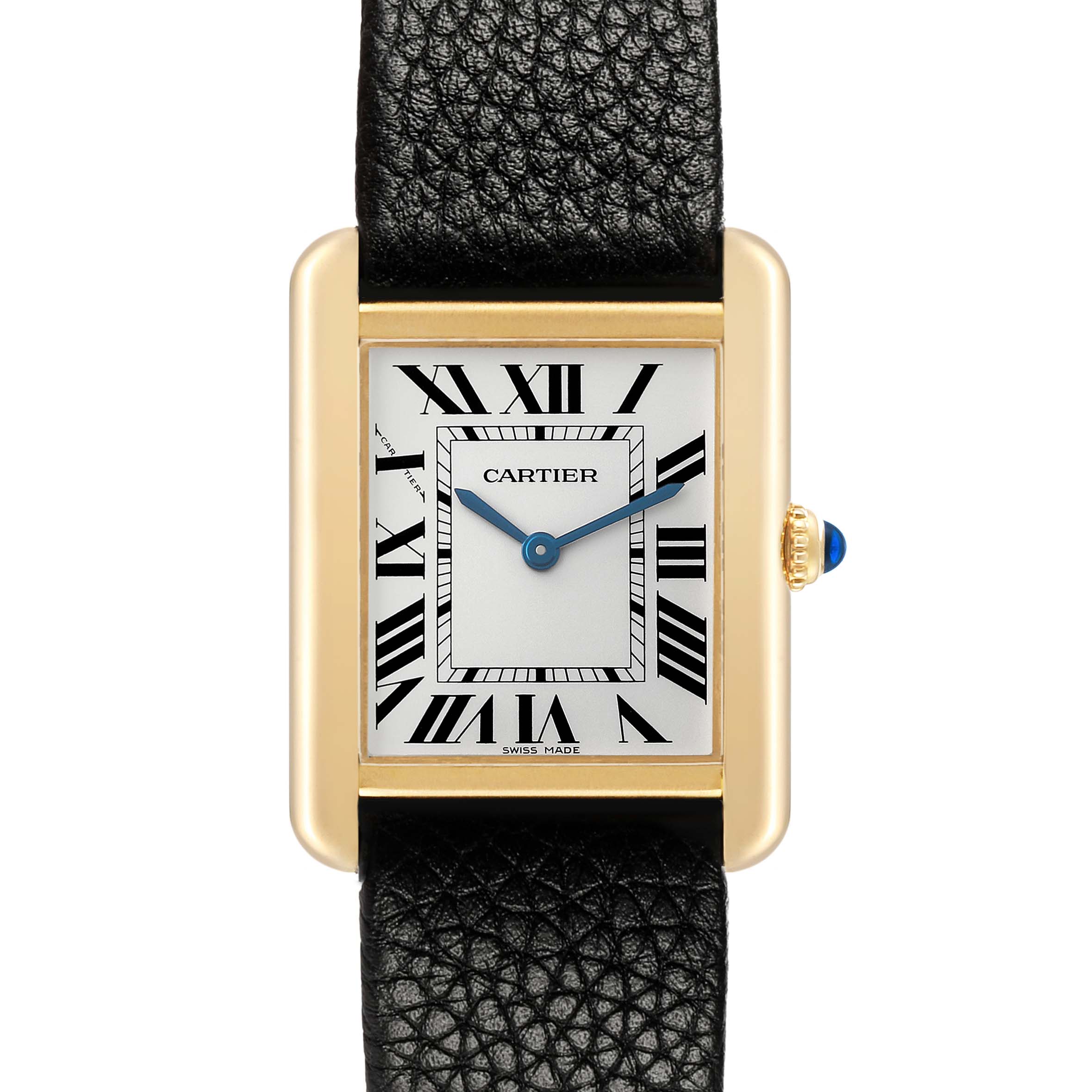 The Cartier Tank Solo W5200002 Women's Yellow Gold Silver Dial watch is shown from a front angle, highlighting its rectangular face, Roman numerals, and golden bezel.