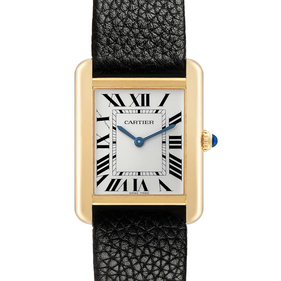 The Cartier Tank Solo W5200002 Women's Yellow Gold Silver Dial watch is shown from a front angle, highlighting its rectangular face, Roman numerals, and golden bezel.