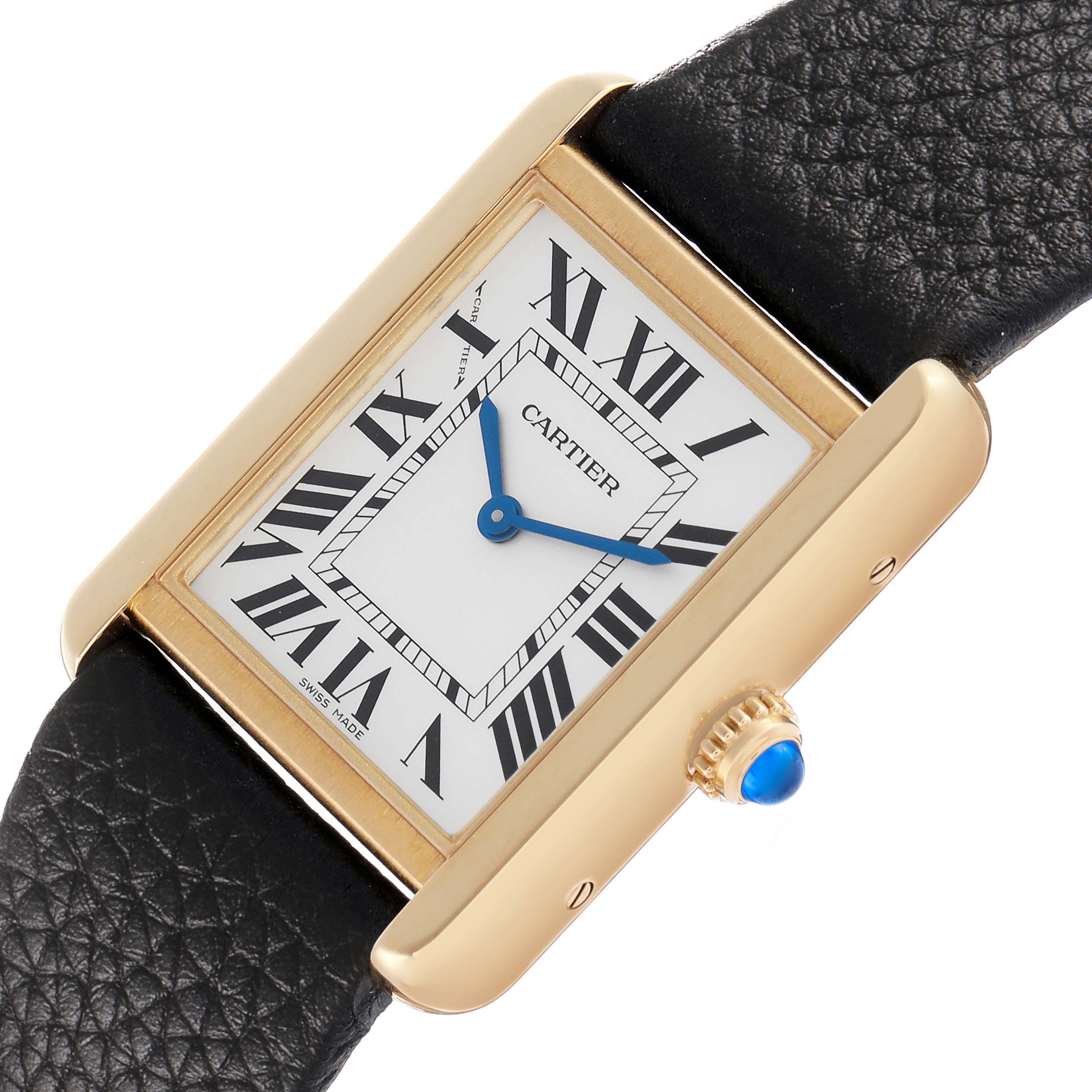 The Cartier Tank Solo W5200002 Women's Yellow Gold Silver Dial watch is shown from a front angle, highlighting its rectangular face, Roman numerals, and leather strap.