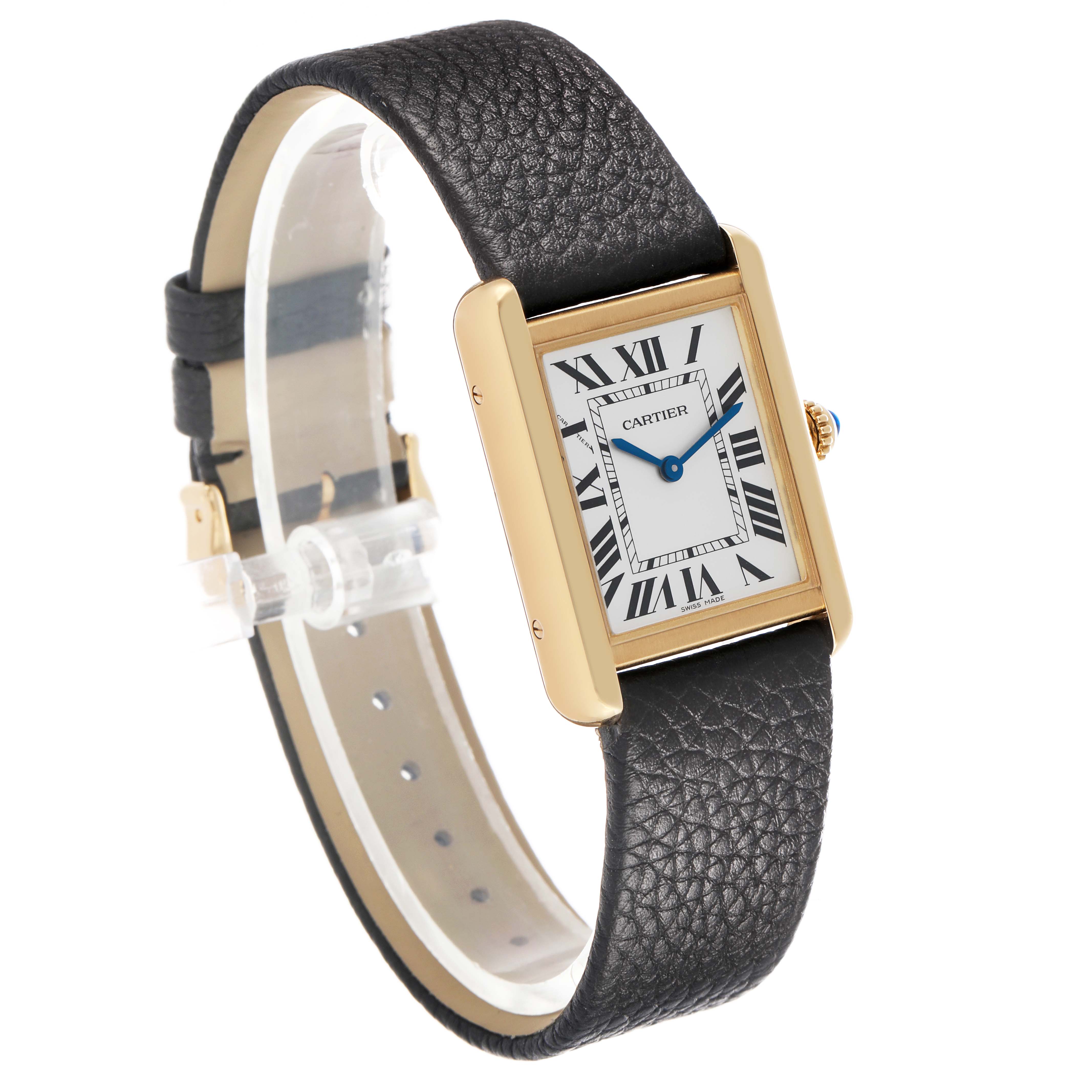 The Cartier Tank Solo W5200002 Women's Yellow Gold Silver Dial watch is shown at a slight angle, displaying its rectangular face, gold case, black strap, and crown.
