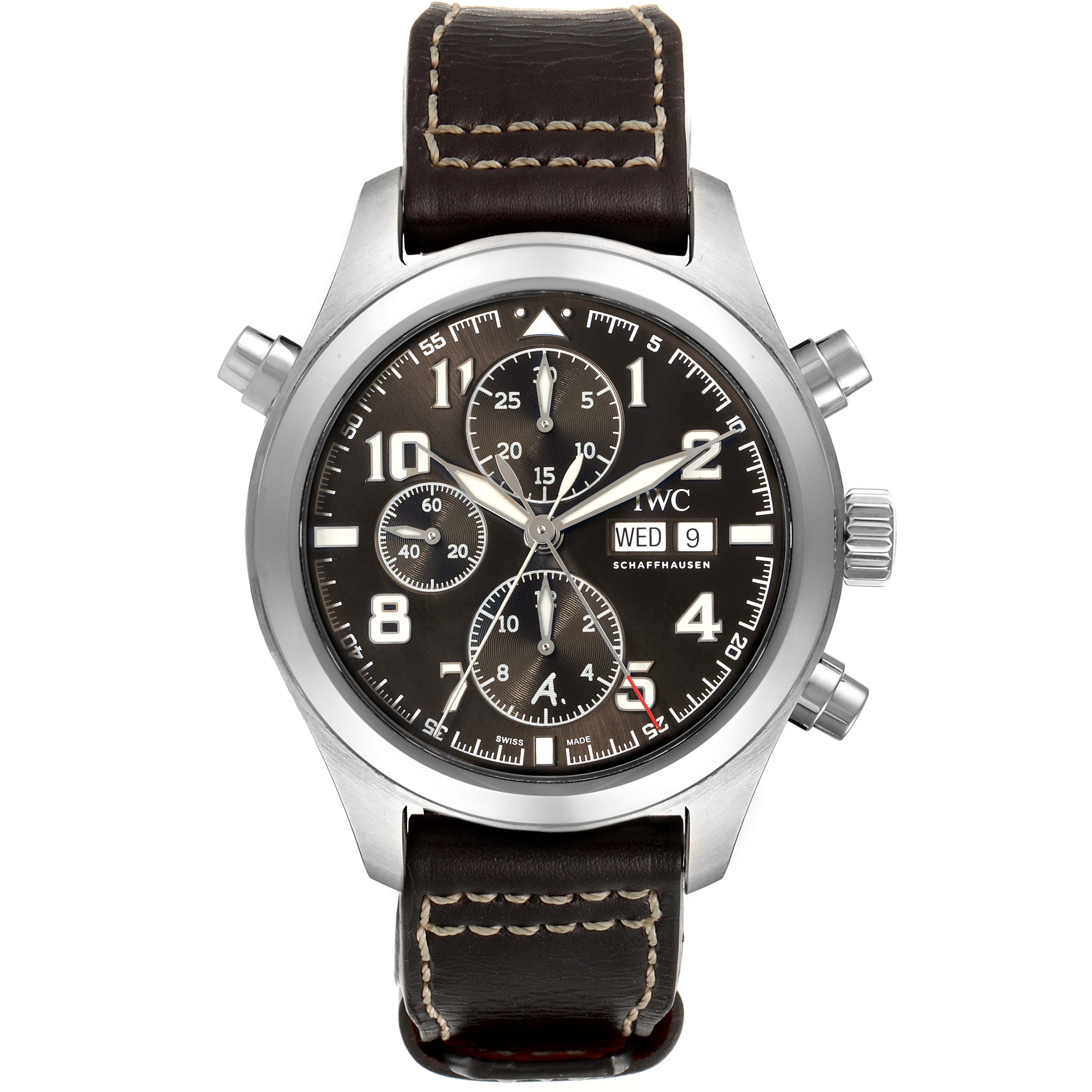 This is a frontal view of the IWC Pilot IW371808 Men's Stainless Steel Brown Dial IW371808 Men's Stainless Steel Brown Dial model watch, showing the dial, chronograph, pushers, and leather strap.