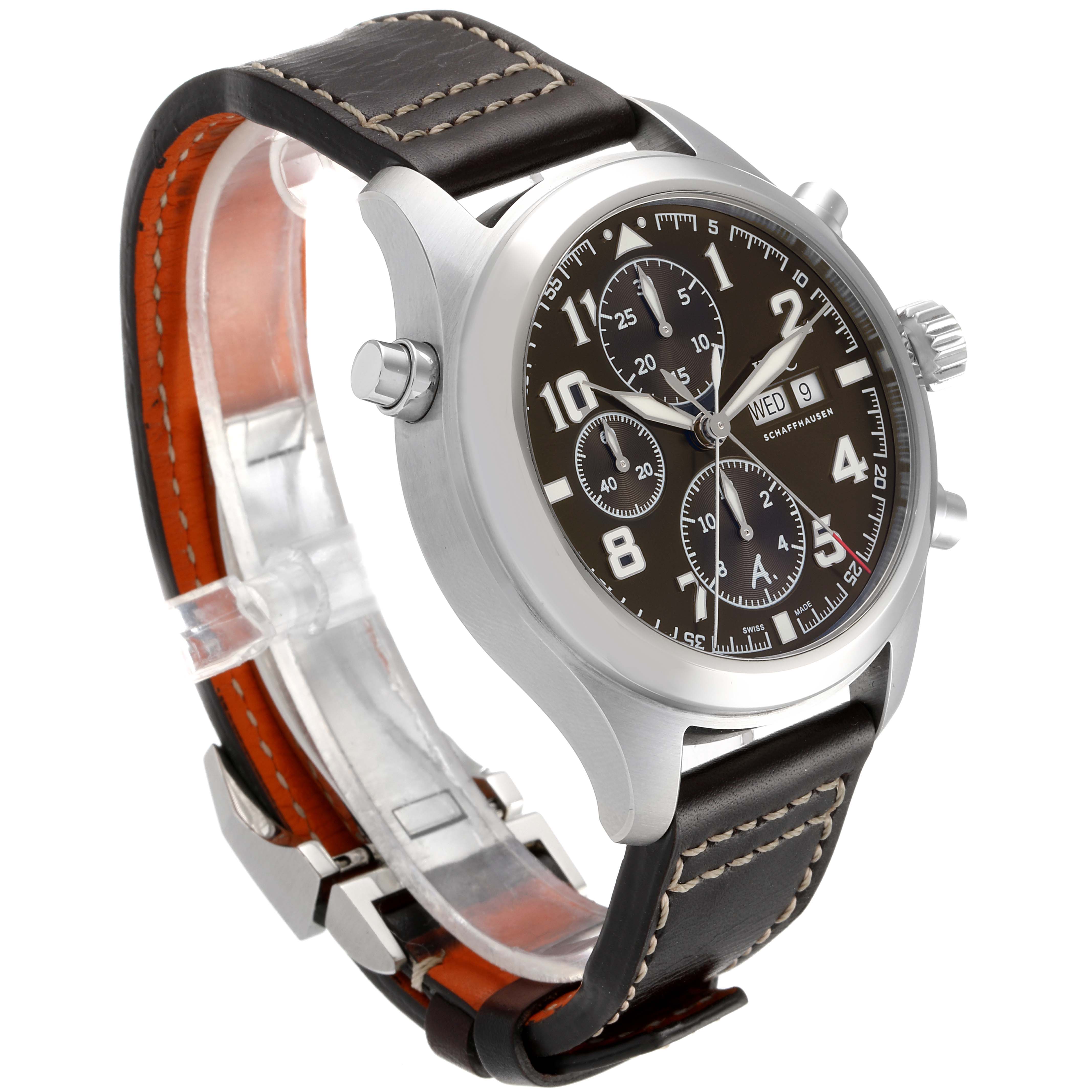 The IWC Pilot IW371808 Men's Stainless Steel Brown Dial IW371808 Men's Stainless Steel Brown Dial watch is shown at a three-quarter angle, displaying its dial, bezel, crown, chronograph buttons, and leather strap.