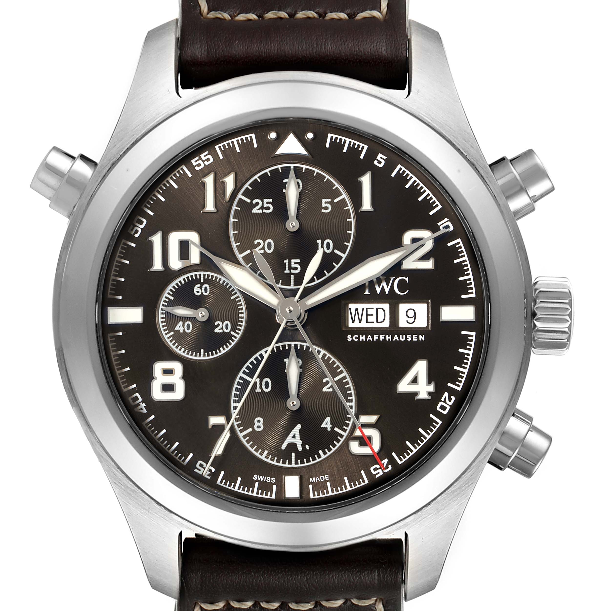 The watch is an IWC Pilot IW371808 Men's Stainless Steel Brown Dial IW371808 Men's Stainless Steel Brown Dial Model showing the face, crown, chronograph buttons, and a leather strap, viewed from the front.