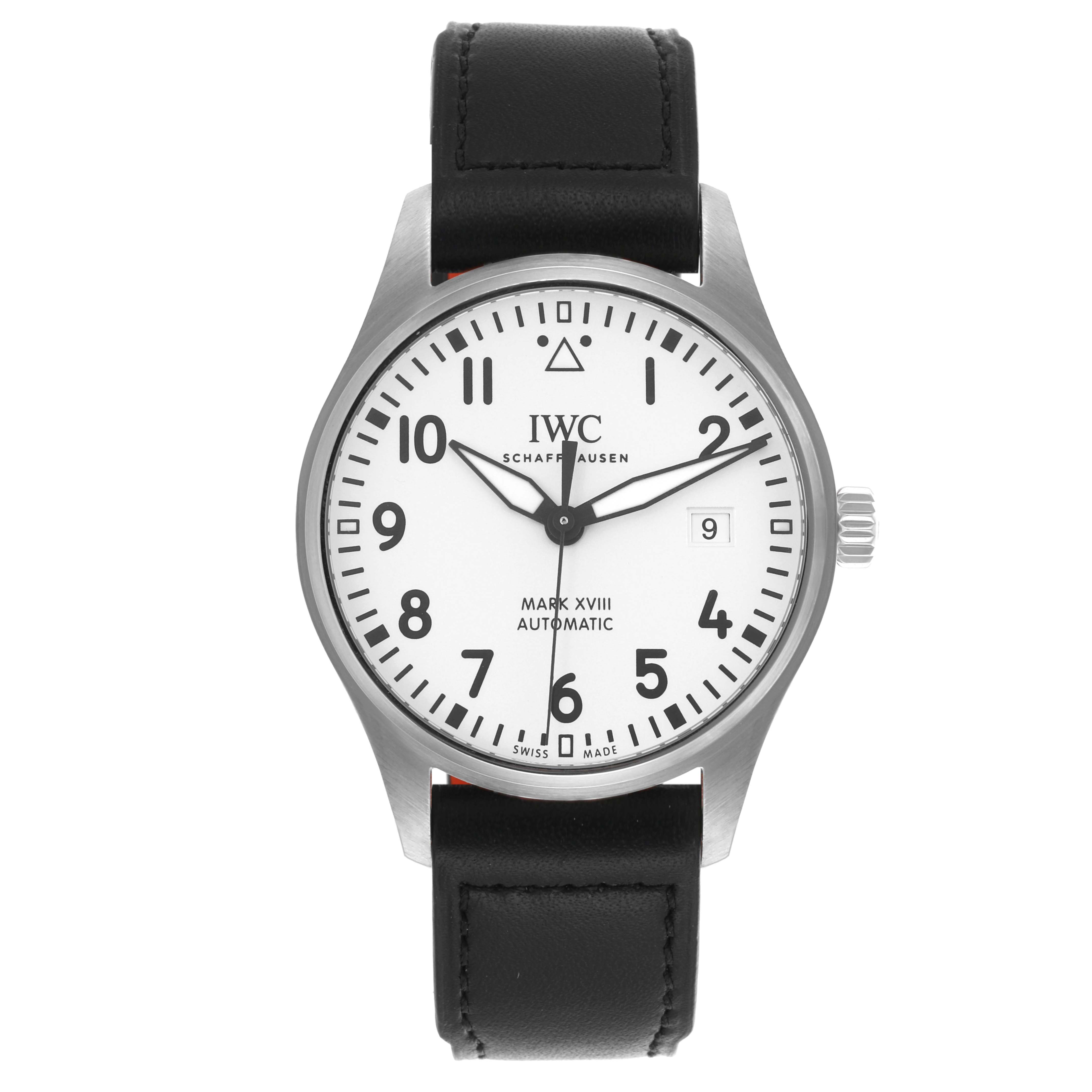 The image shows a front view of the IWC Pilot IW327002 Men's Stainless Steel White Dial IW327002 Men's Stainless Steel White Dial Mark XVIII watch, displaying the face, hands, and black leather strap.