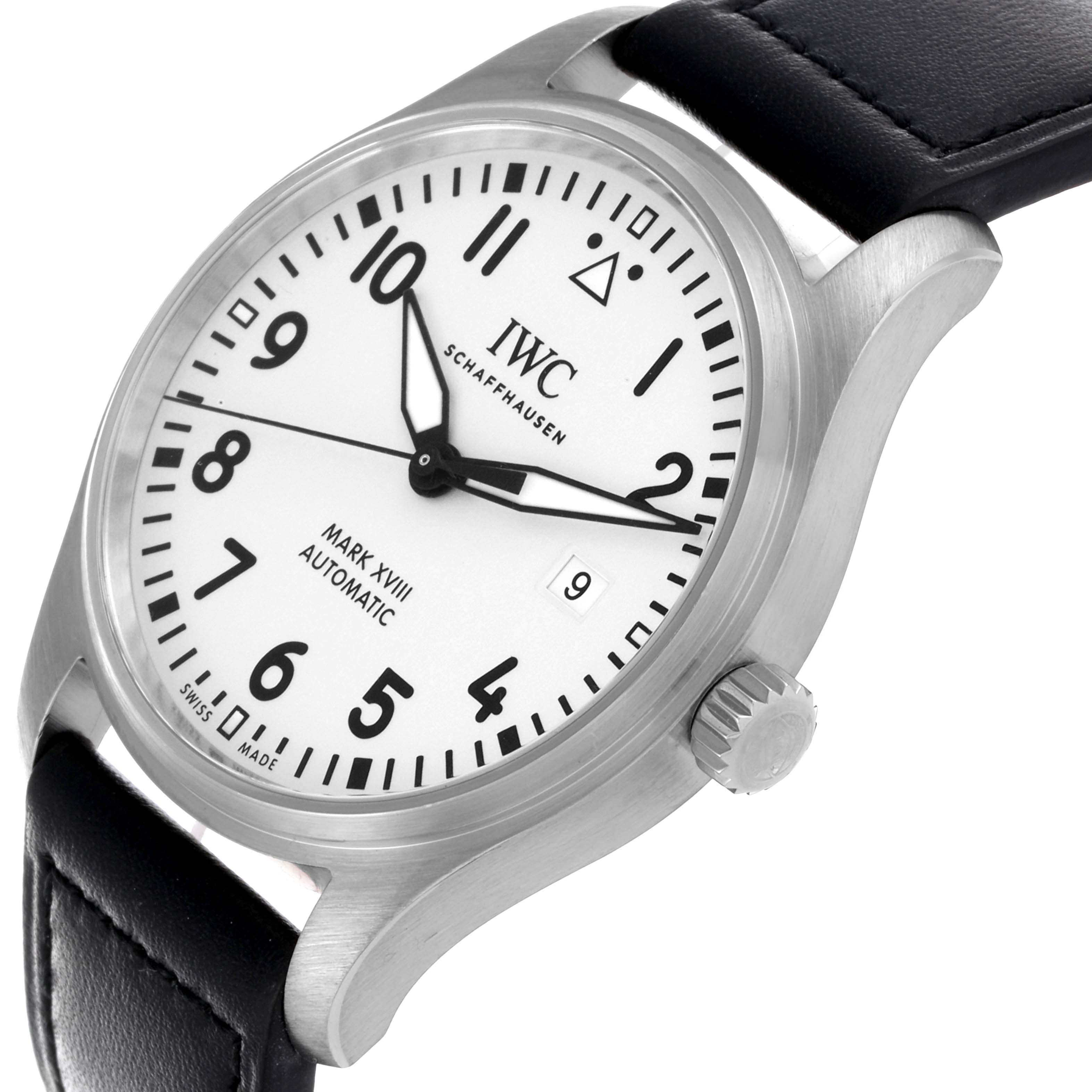 The IWC Pilot IW327002 Men's Stainless Steel White Dial IW327002 Men's Stainless Steel White Dial Mark XVIII watch is shown from a front angle, highlighting the dial, bezel, crown, and leather strap.