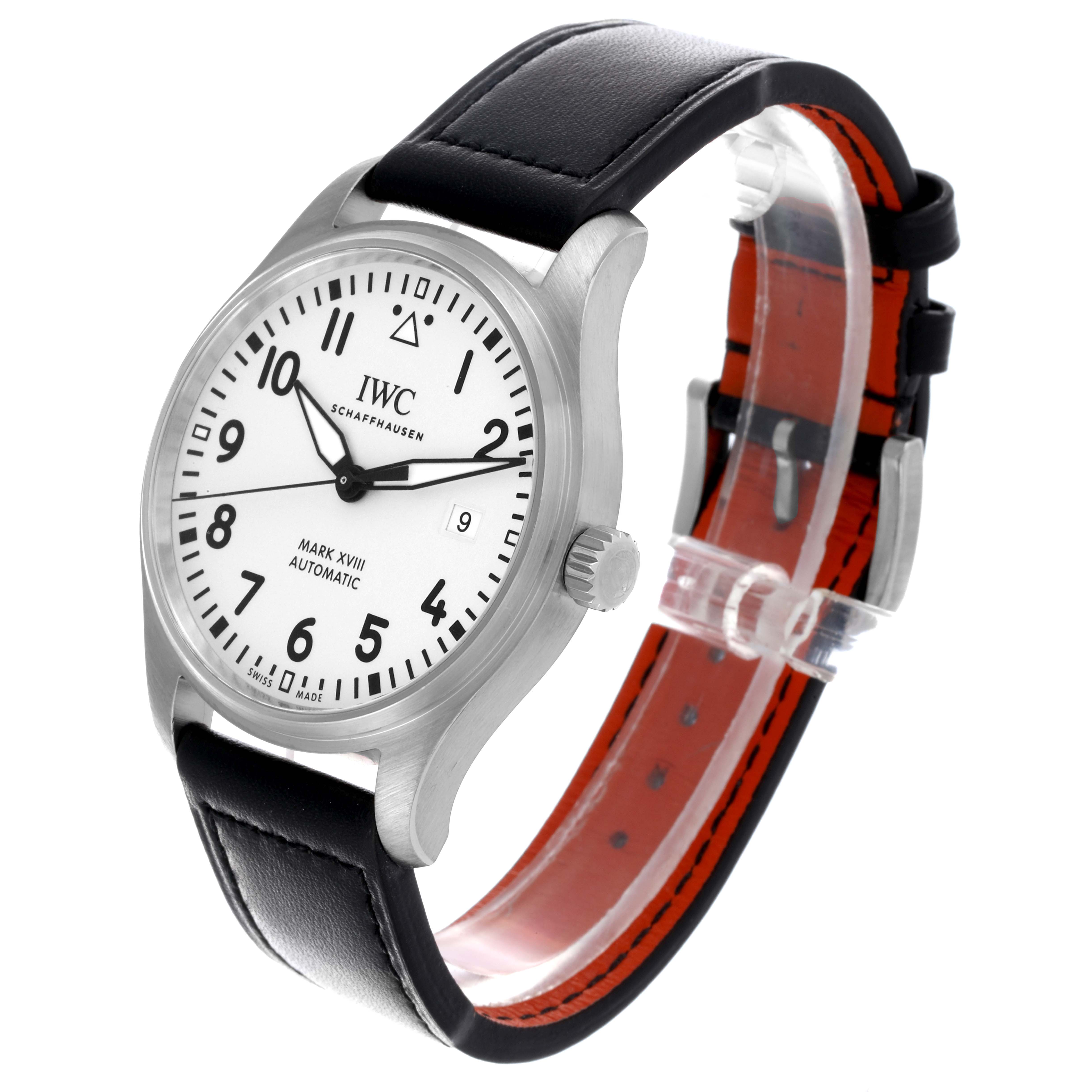 The IWC Pilot IW327002 Men's Stainless Steel White Dial IW327002 Men's Stainless Steel White Dial watch is shown at a front-side angle, highlighting the face, case, crown, and black leather strap.