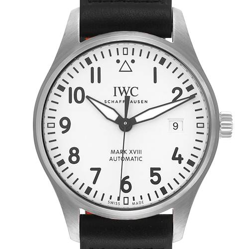 The IWC Pilot Mark XVIII watch is shown from a front angle, displaying the entire face, case, and part of the strap.