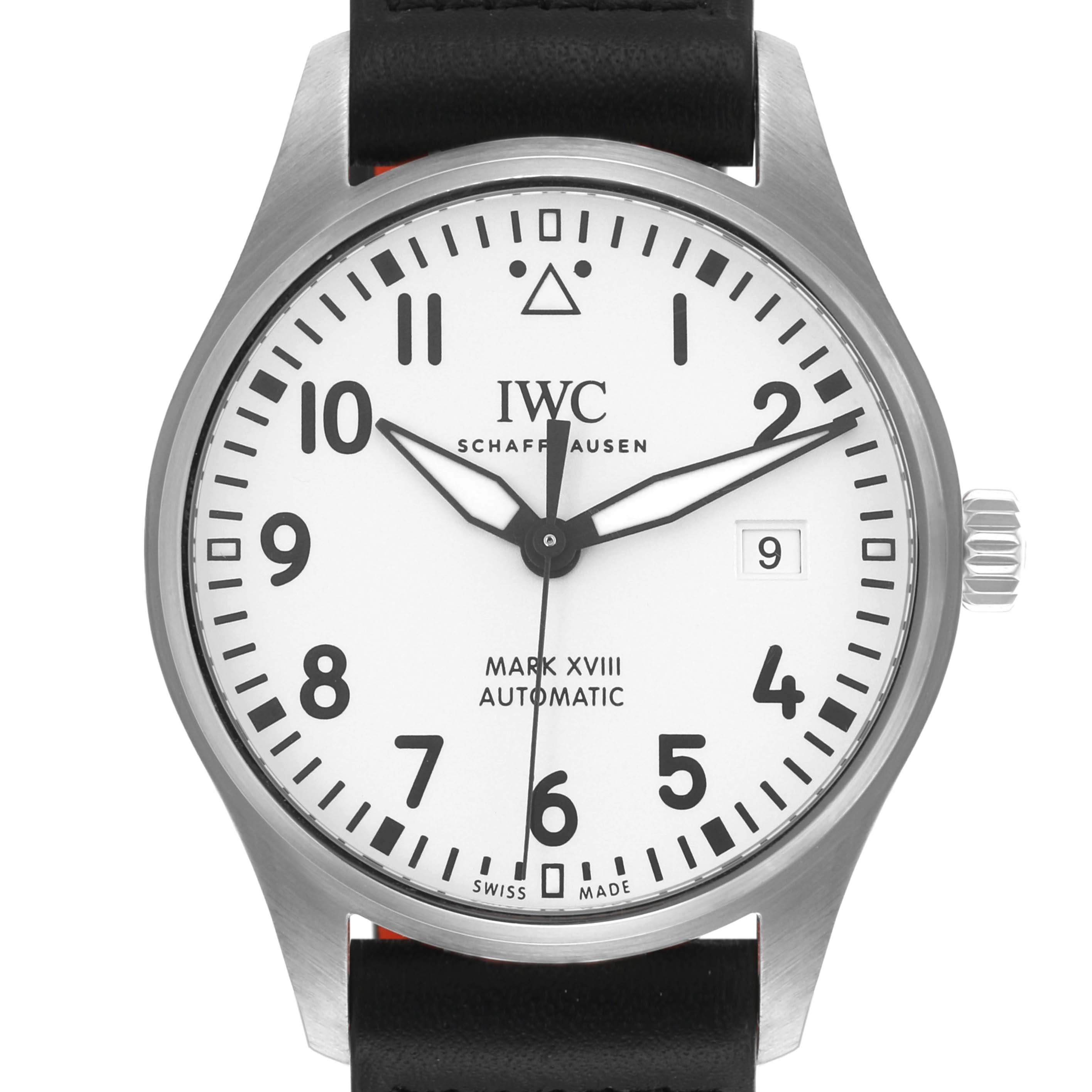 The IWC Pilot IW327002 Men's Stainless Steel White Dial IW327002 Men's Stainless Steel White Dial Mark XVIII watch is shown from the front, displaying the dial, hands, and partially visible strap.