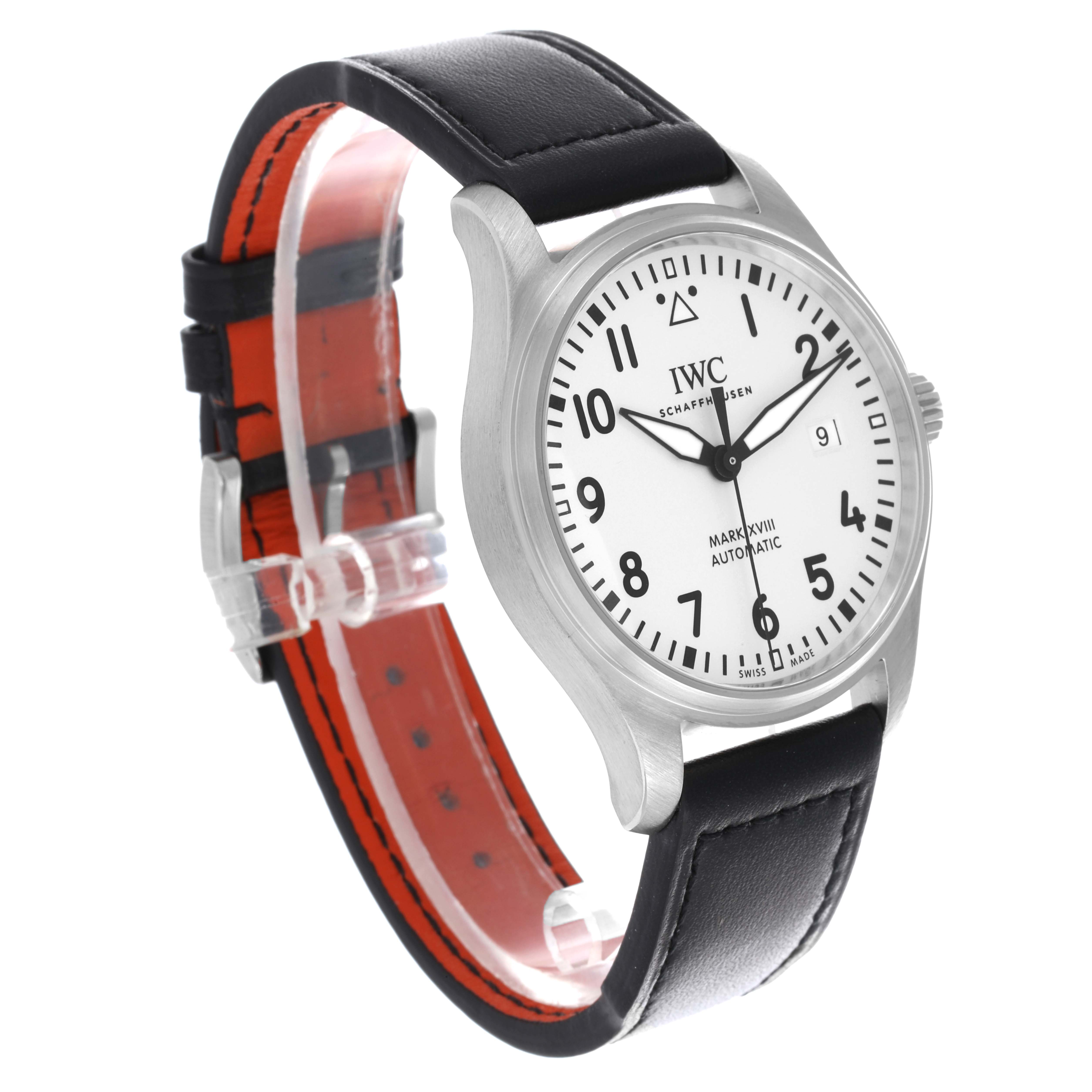 The IWC Pilot IW327002 Men's Stainless Steel White Dial IW327002 Men's Stainless Steel White Dial watch is shown at a 3/4 angle, highlighting its face, bezel, and leather strap.