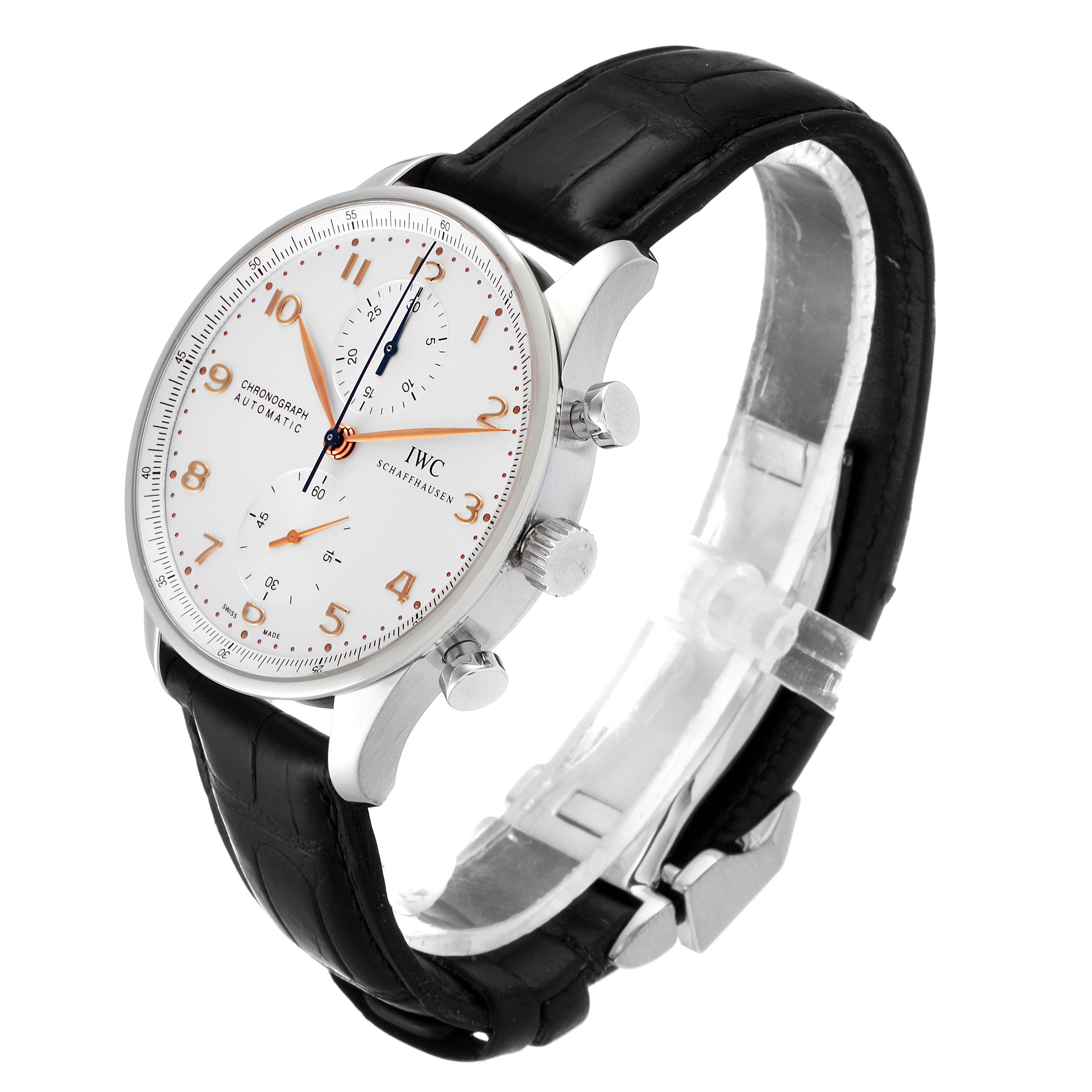 Side angle showing the face, crown, pushers, and black leather strap of the IWC Portuguese IW371445 Men's Stainless Steel Silver Dial IW371445 Men's Stainless Steel Silver Dial watch.