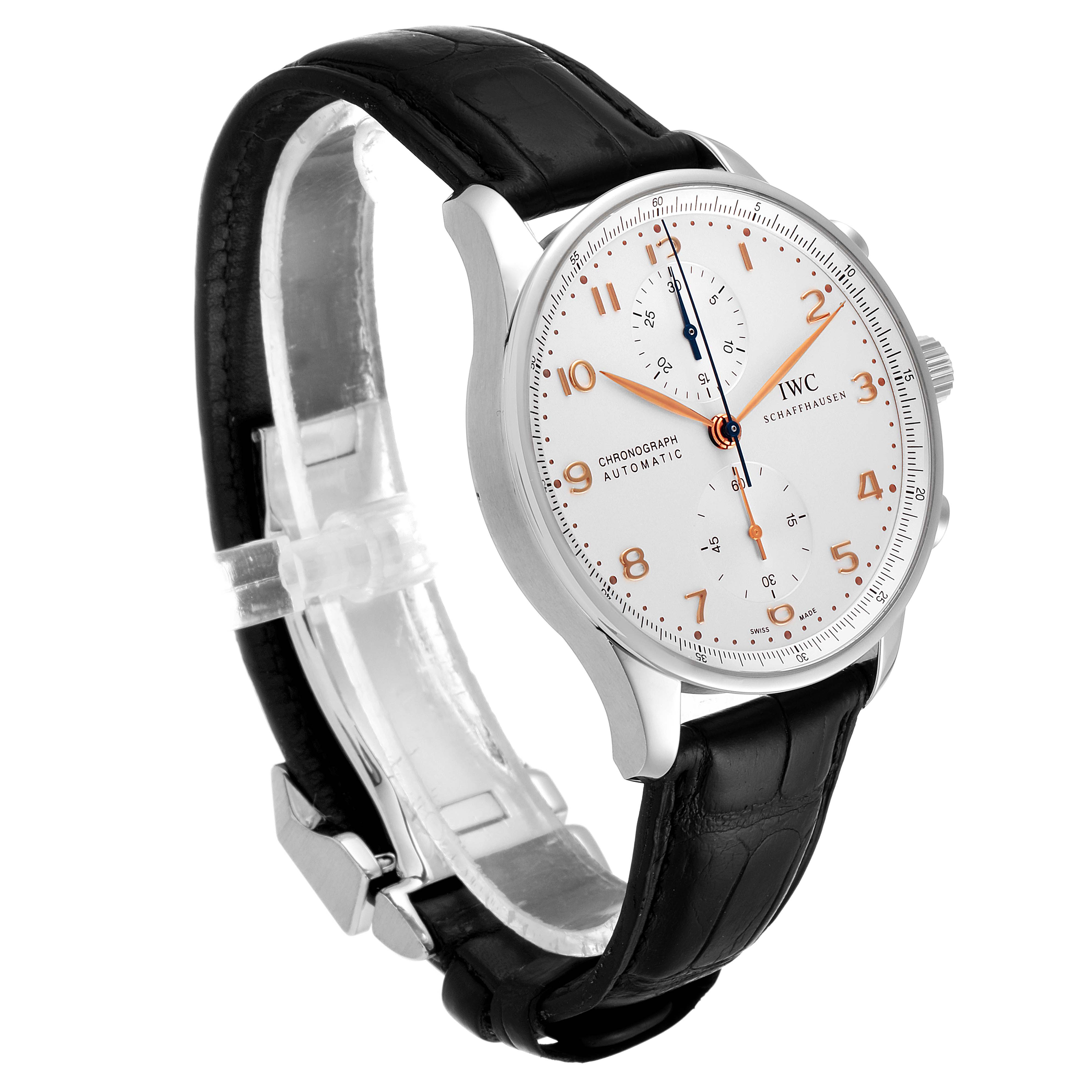 The image shows a side angle of an IWC Portuguese IW371445 Men's Stainless Steel Silver Dial IW371445 Men's Stainless Steel Silver Dial watch, highlighting its face, bezel, and black leather strap.