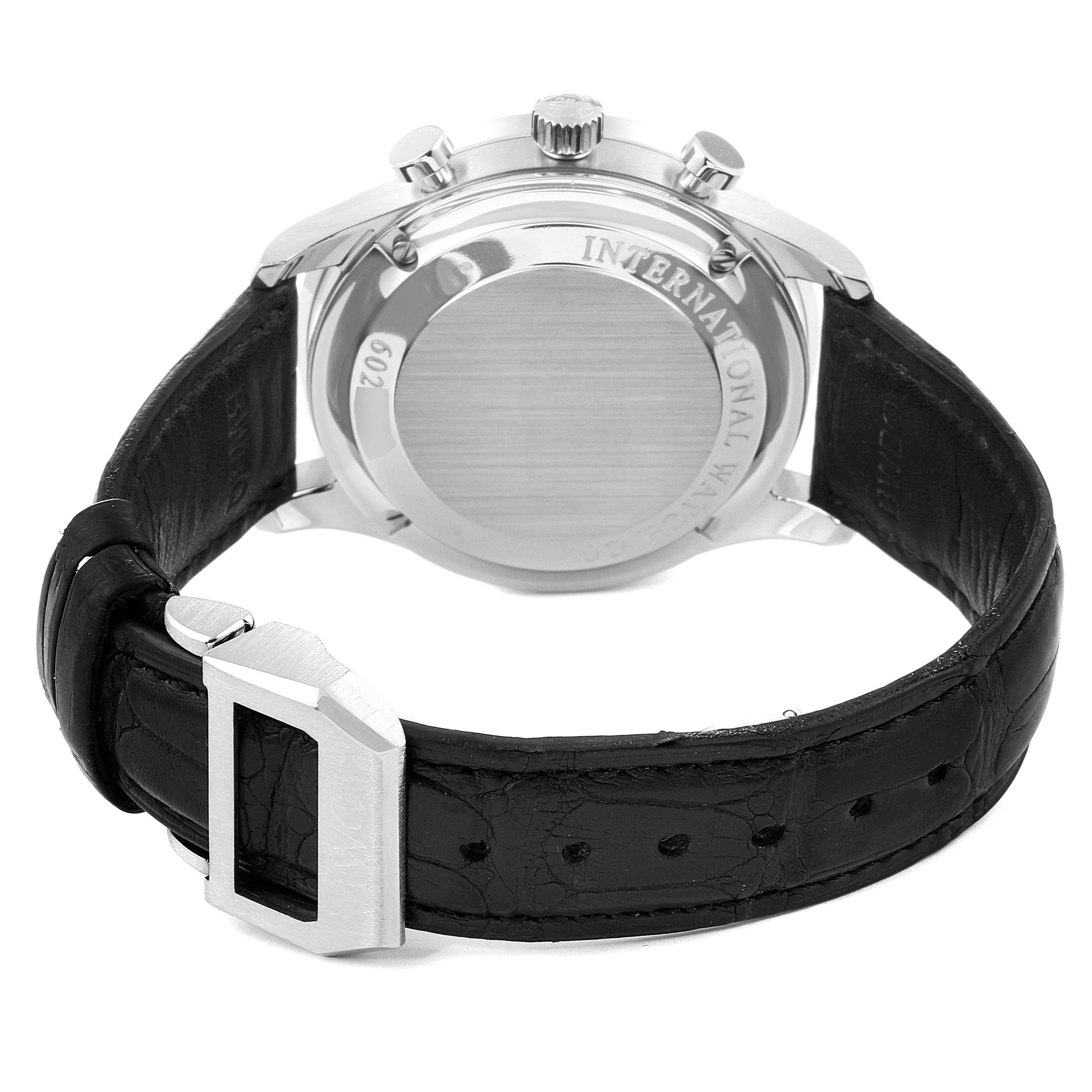 This image shows the back view of the IWC Portuguese IW371445 Men's Stainless Steel Silver Dial IW371445 Men's Stainless Steel Silver Dial watch, highlighting the case back, crown, and black leather strap with buckle.