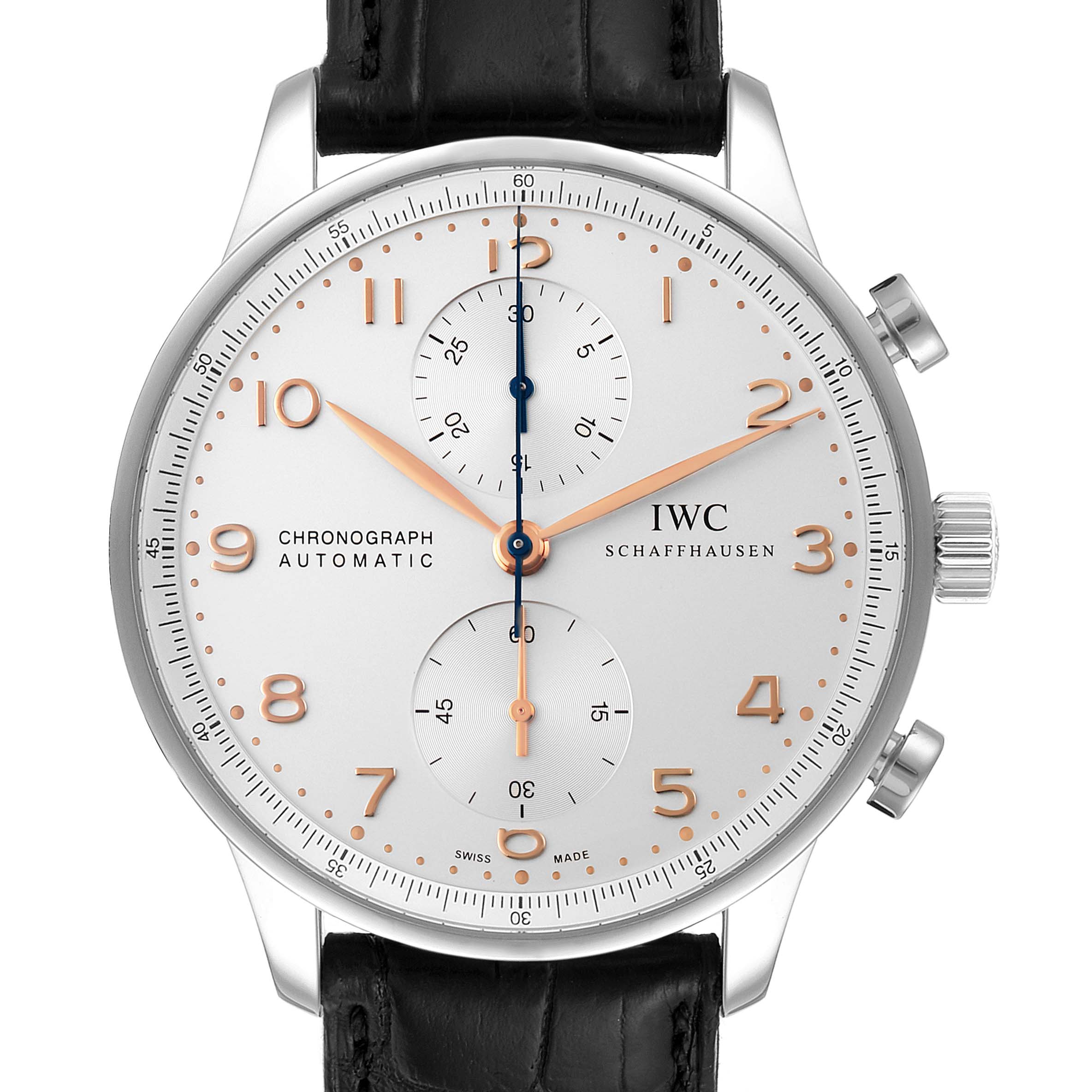 The watch is an IWC Portuguese IW371445 Men's Stainless Steel Silver Dial IW371445 Men's Stainless Steel Silver Dial Chronograph Automatic shown from the front, highlighting the dial and strap.