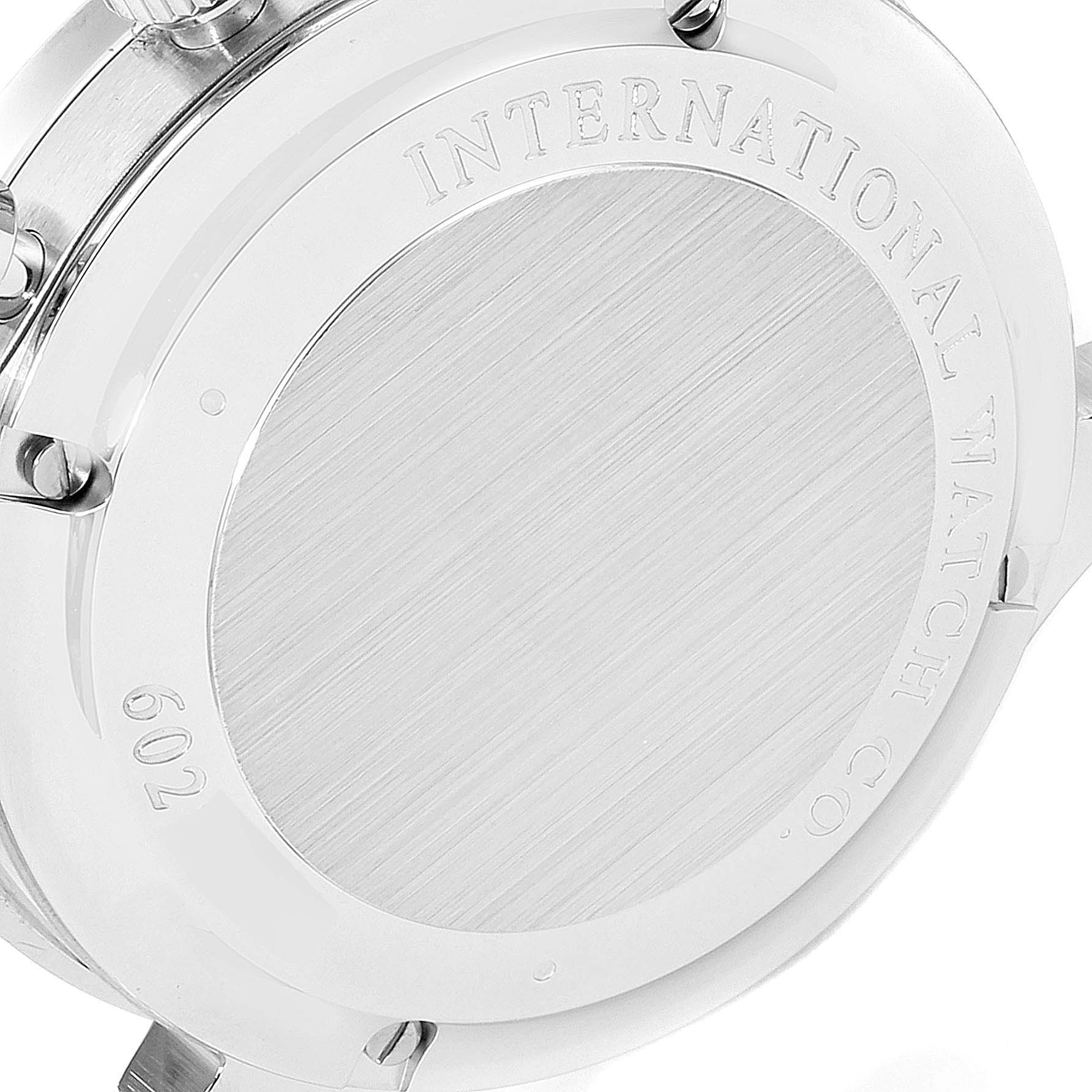 The image shows the back case of an IWC Portuguese IW371445 Men's Stainless Steel Silver Dial IW371445 Men's Stainless Steel Silver Dial model watch, highlighting the engraved brand name and case screws.