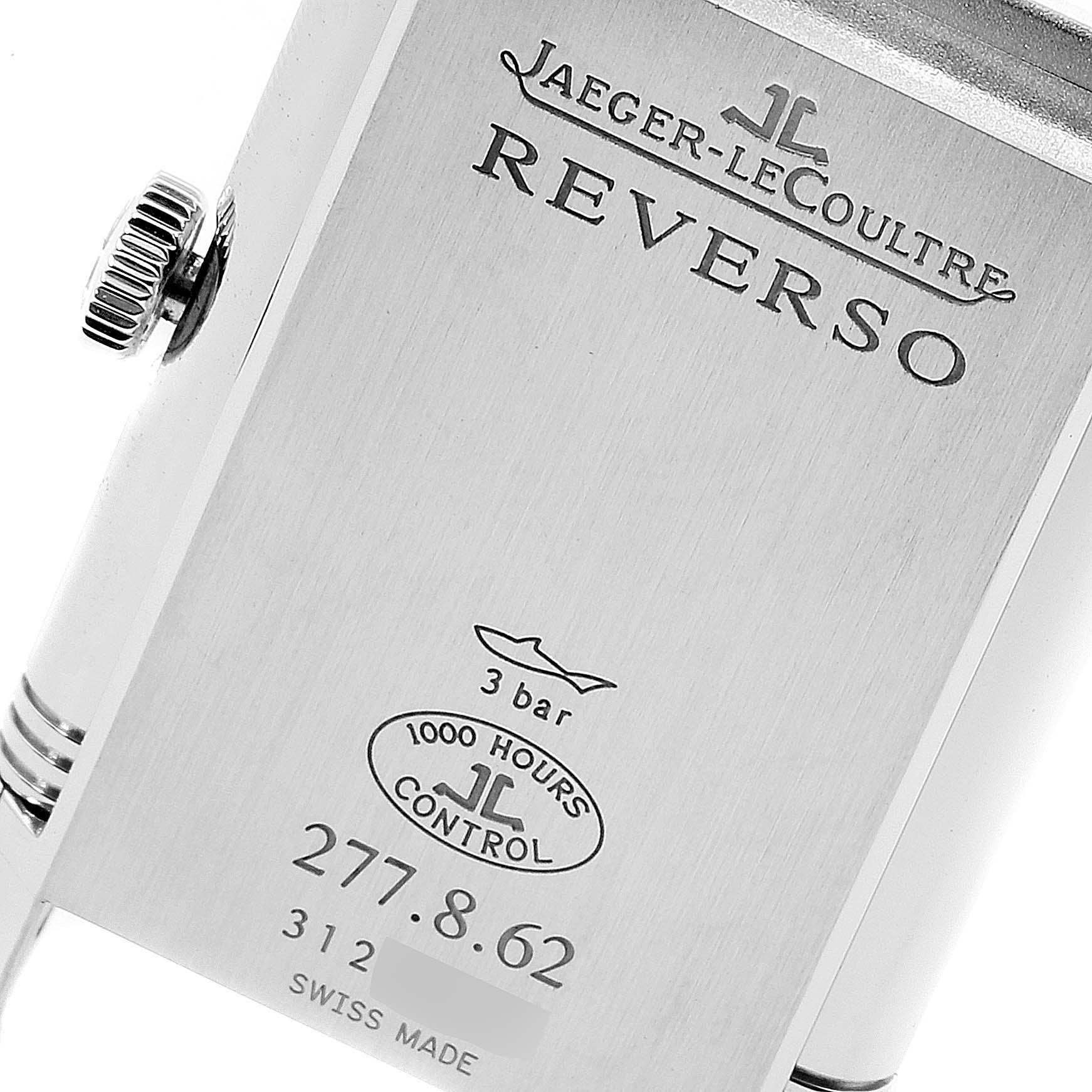 This image shows the back case and side crown of the Jaeger-LeCoultre Reverso watch, including its model number and water resistance details.