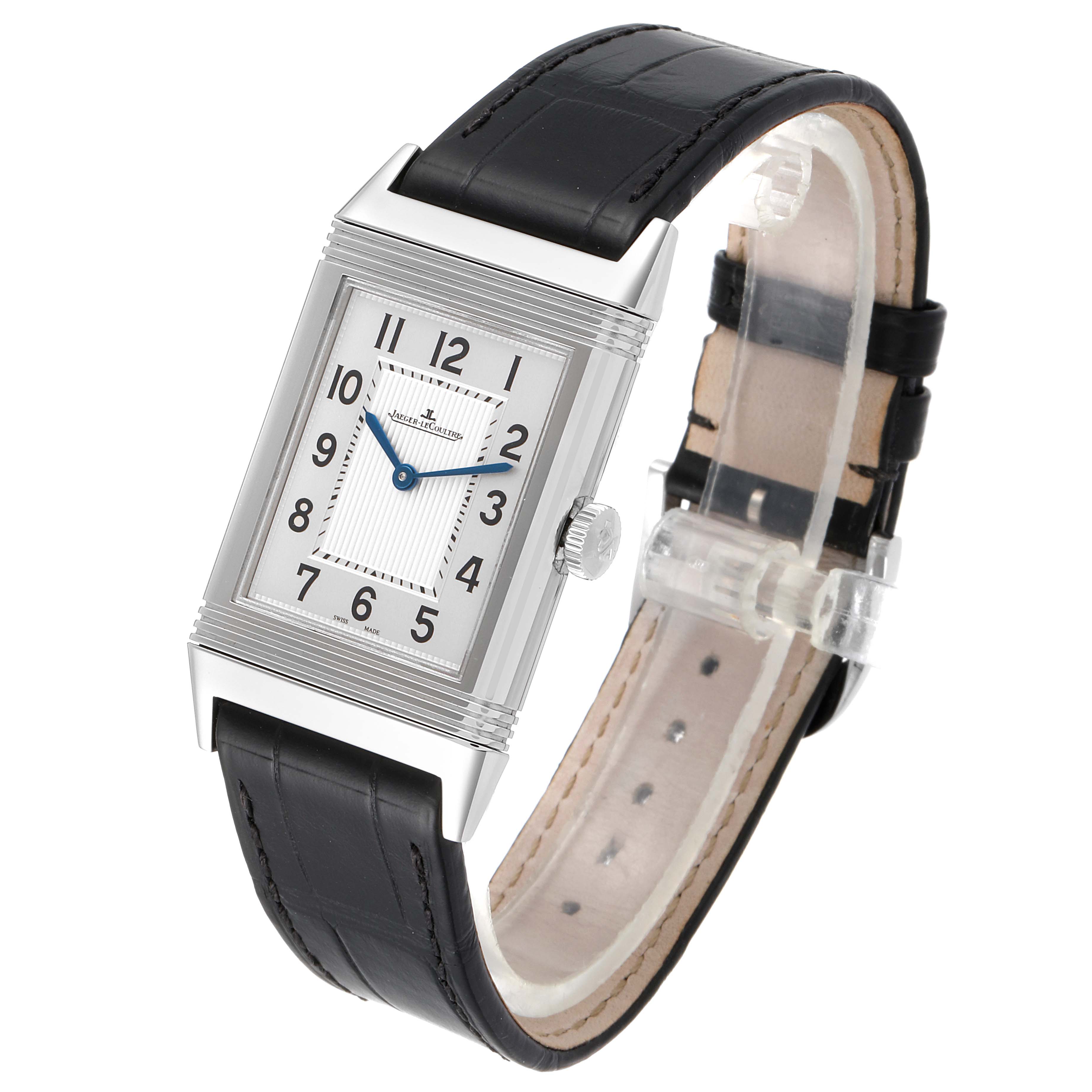 The Jaeger LeCoultre Reverso Q2788520 Men's Stainless Steel Silver Dial Q2788520 Men's Stainless Steel Silver Dial watch is shown at a three-quarter angle, highlighting its rectangular face, black strap, and side crown.