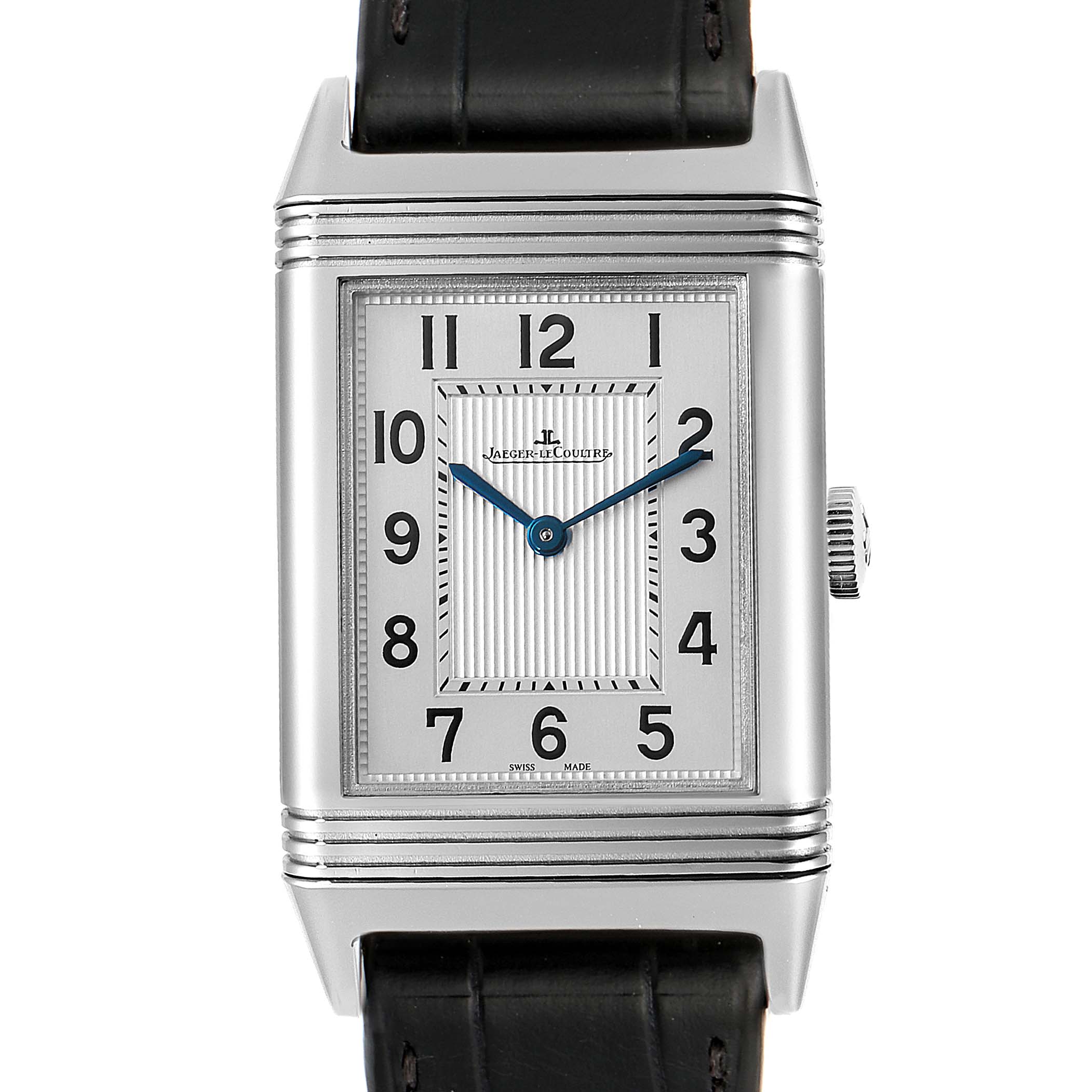 The image displays a front view of a Jaeger LeCoultre Reverso Q2788520 Men's Stainless Steel Silver Dial Q2788520 Men's Stainless Steel Silver Dial watch, showing its dial, hands, and part of the black strap.