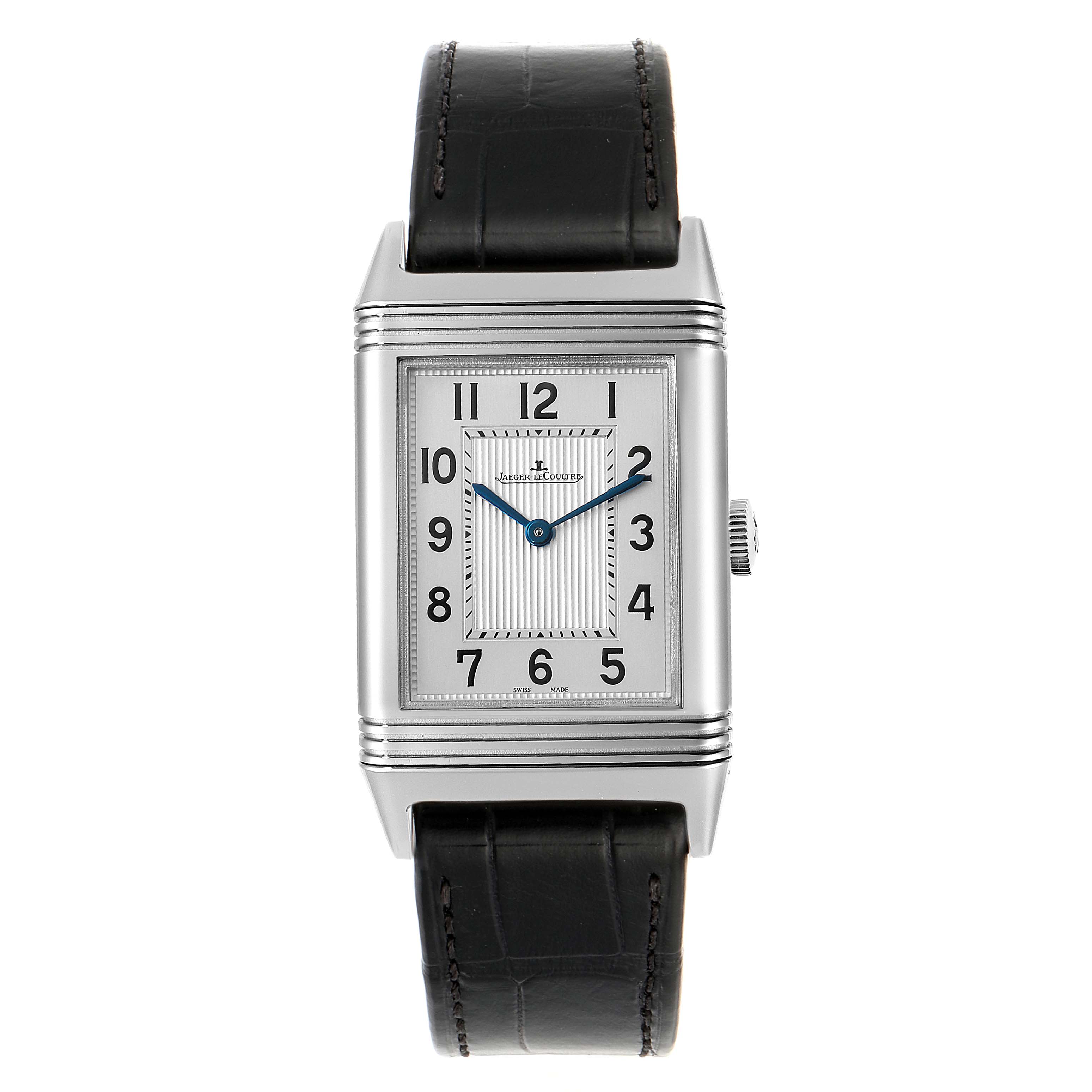 The image shows a front view of a Jaeger LeCoultre Reverso Q2788520 Men's Stainless Steel Silver Dial Q2788520 Men's Stainless Steel Silver Dial watch with a leather strap and rectangular face.