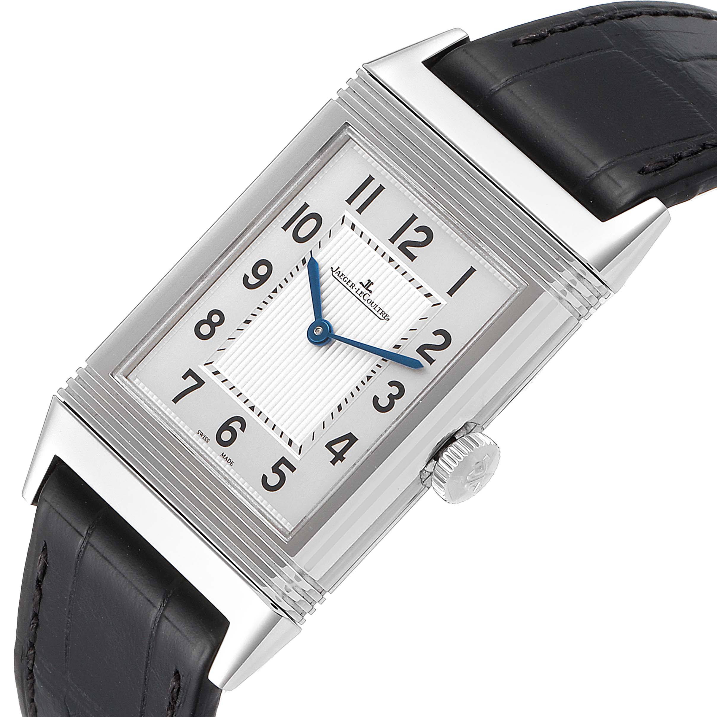 The image shows the face and crown of a Jaeger LeCoultre Reverso Q2788520 Men's Stainless Steel Silver Dial Q2788520 Men's Stainless Steel Silver Dial watch at an angled view, highlighting its rectangular shape and black leather strap.
