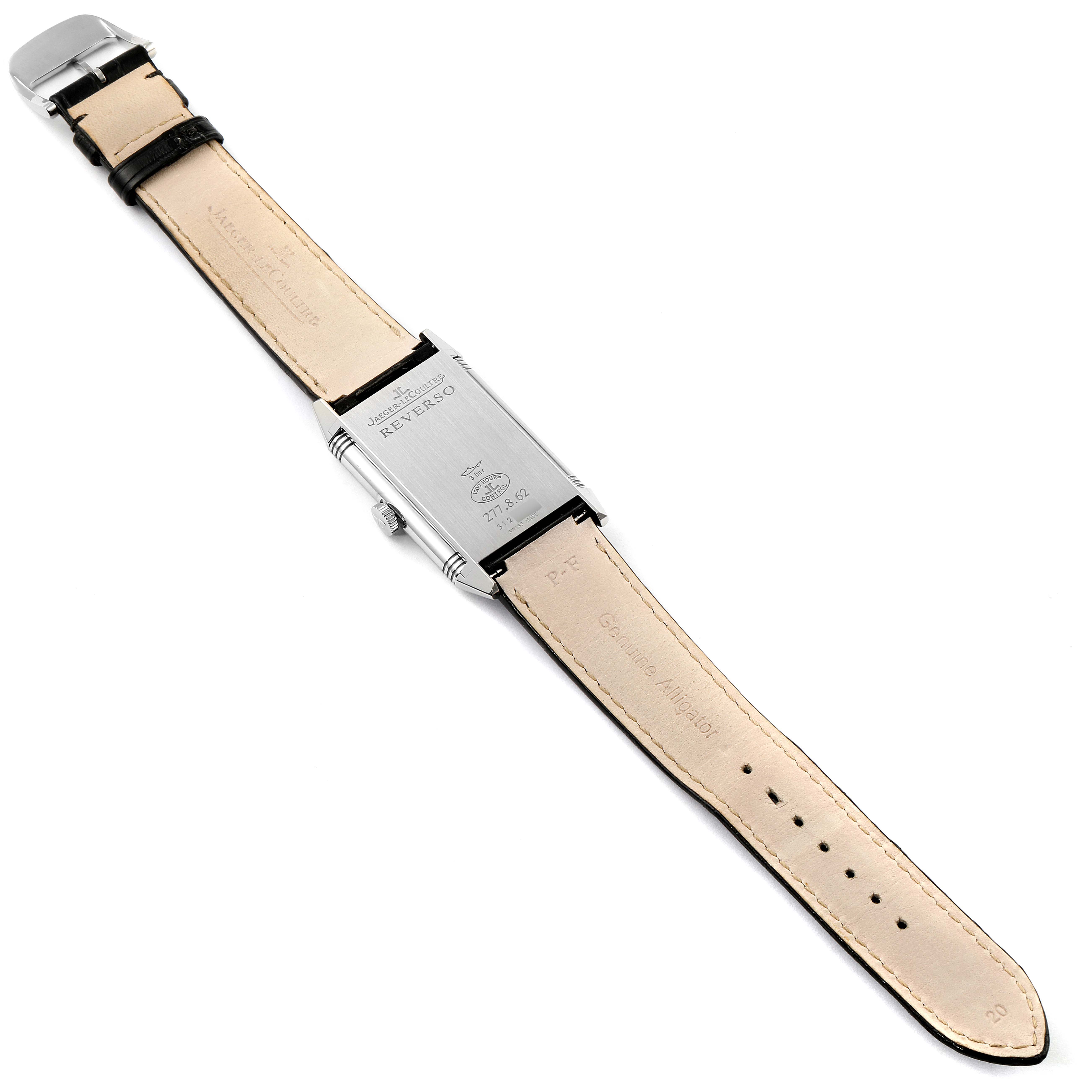 The image shows the back side of the Jaeger LeCoultre Reverso Q2788520 Men's Stainless Steel Silver Dial Q2788520 Men's Stainless Steel Silver Dial watch with its leather strap fully extended.