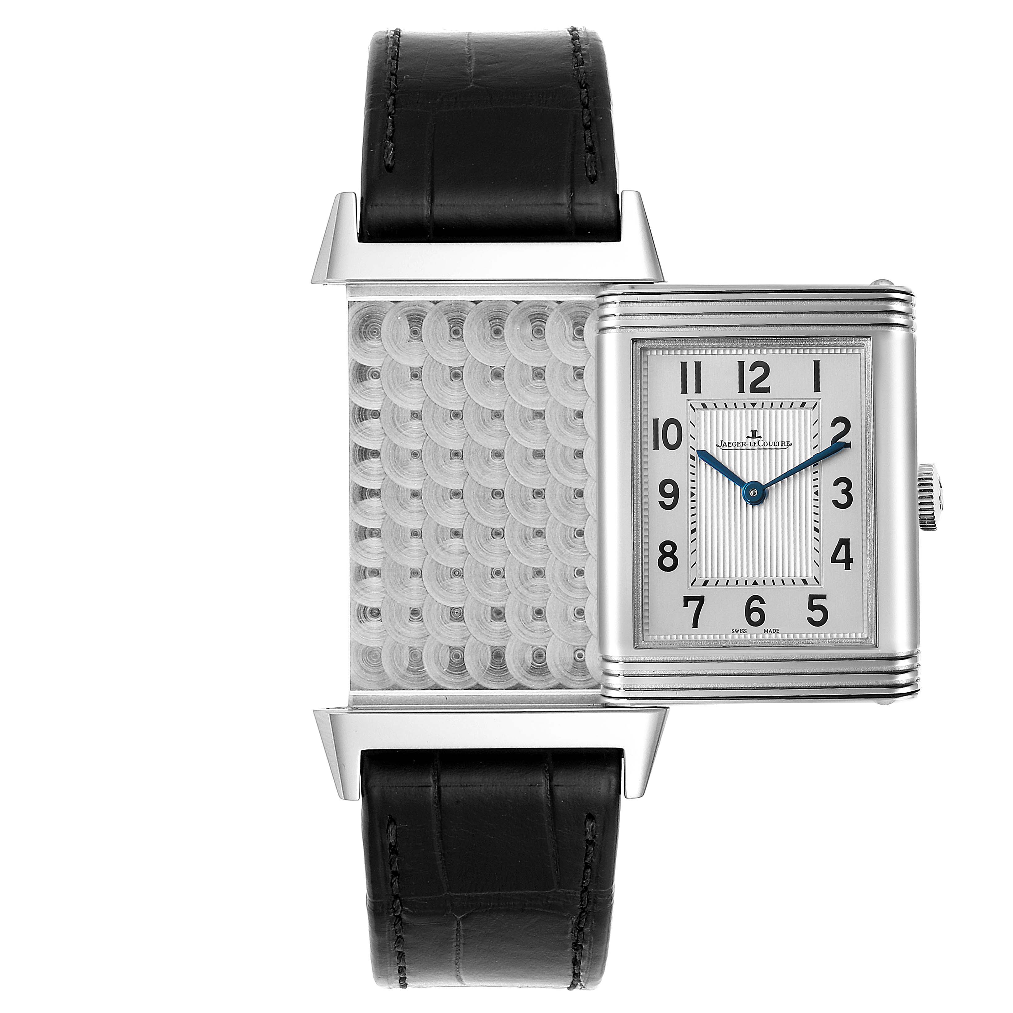 The image shows a Jaeger LeCoultre Reverso Q2788520 Men's Stainless Steel Silver Dial Q2788520 Men's Stainless Steel Silver Dial watch at a top-down angle displaying both the face and the intricate case back.