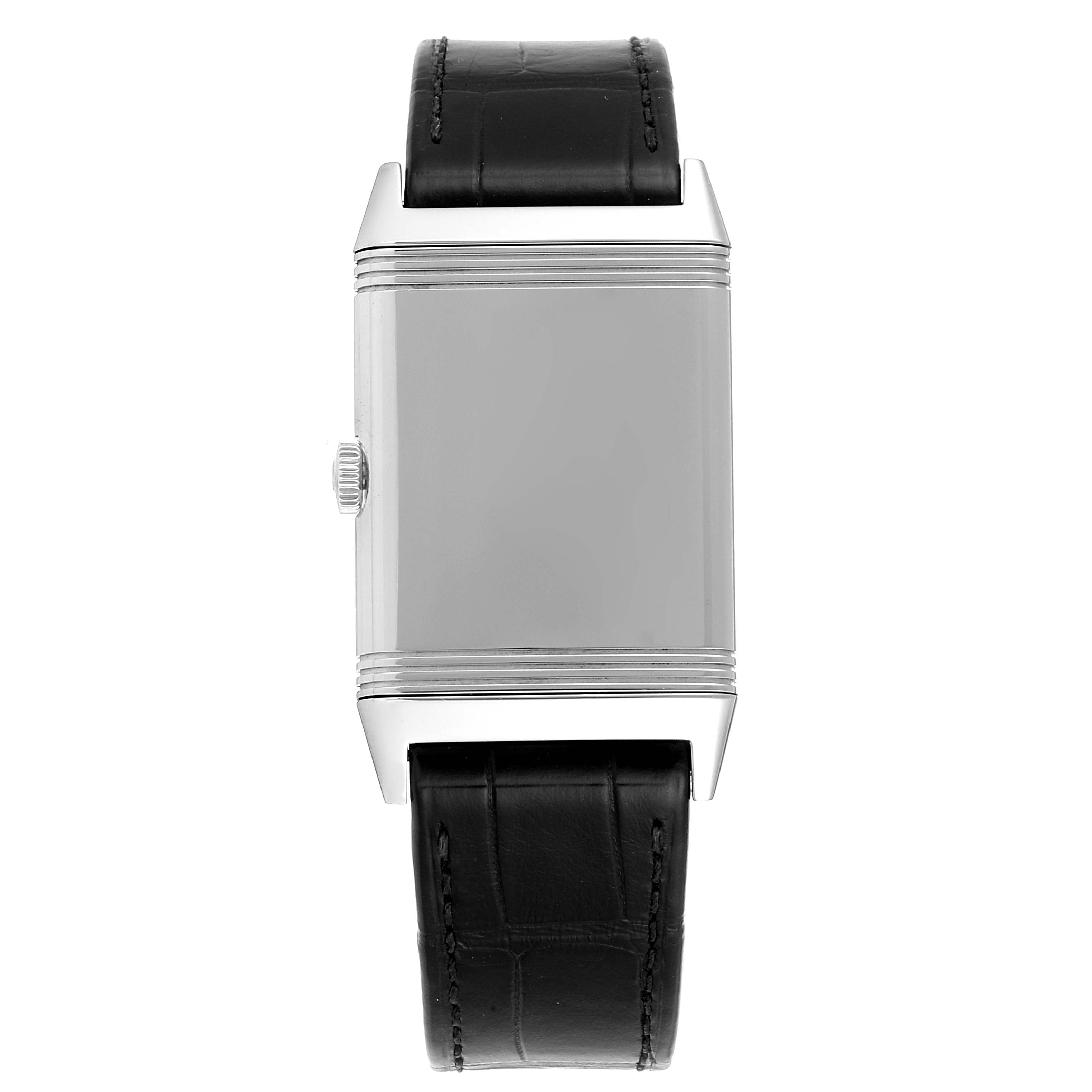 The Jaeger LeCoultre Reverso Q2788520 Men's Stainless Steel Silver Dial Q2788520 Men's Stainless Steel Silver Dial watch is shown from a top-down angle, displaying the case and black leather strap.