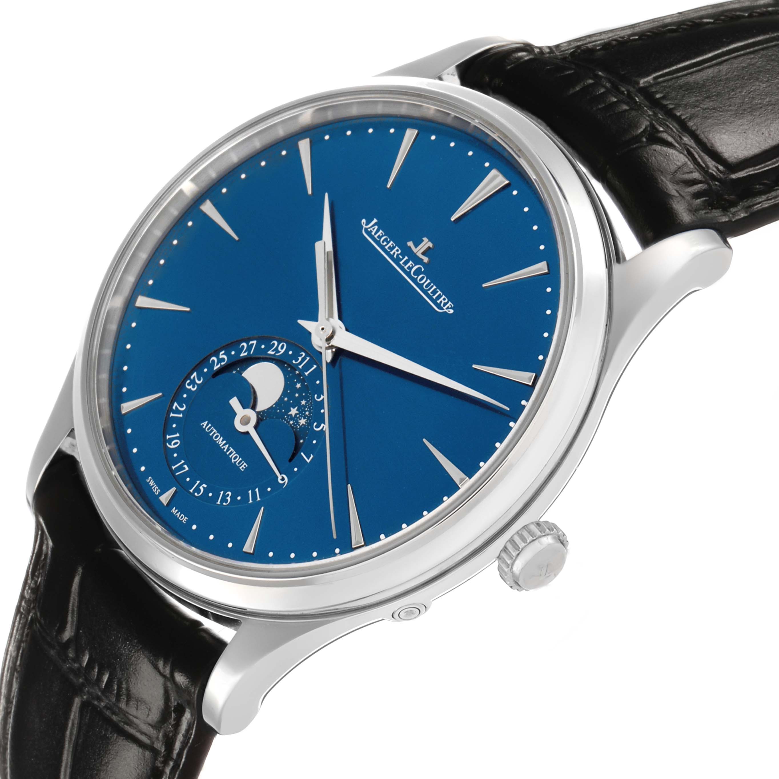 The Jaeger-LeCoultre Master watch is shown at an angled side view, displaying its blue dial, moon phase, crown, and leather strap.