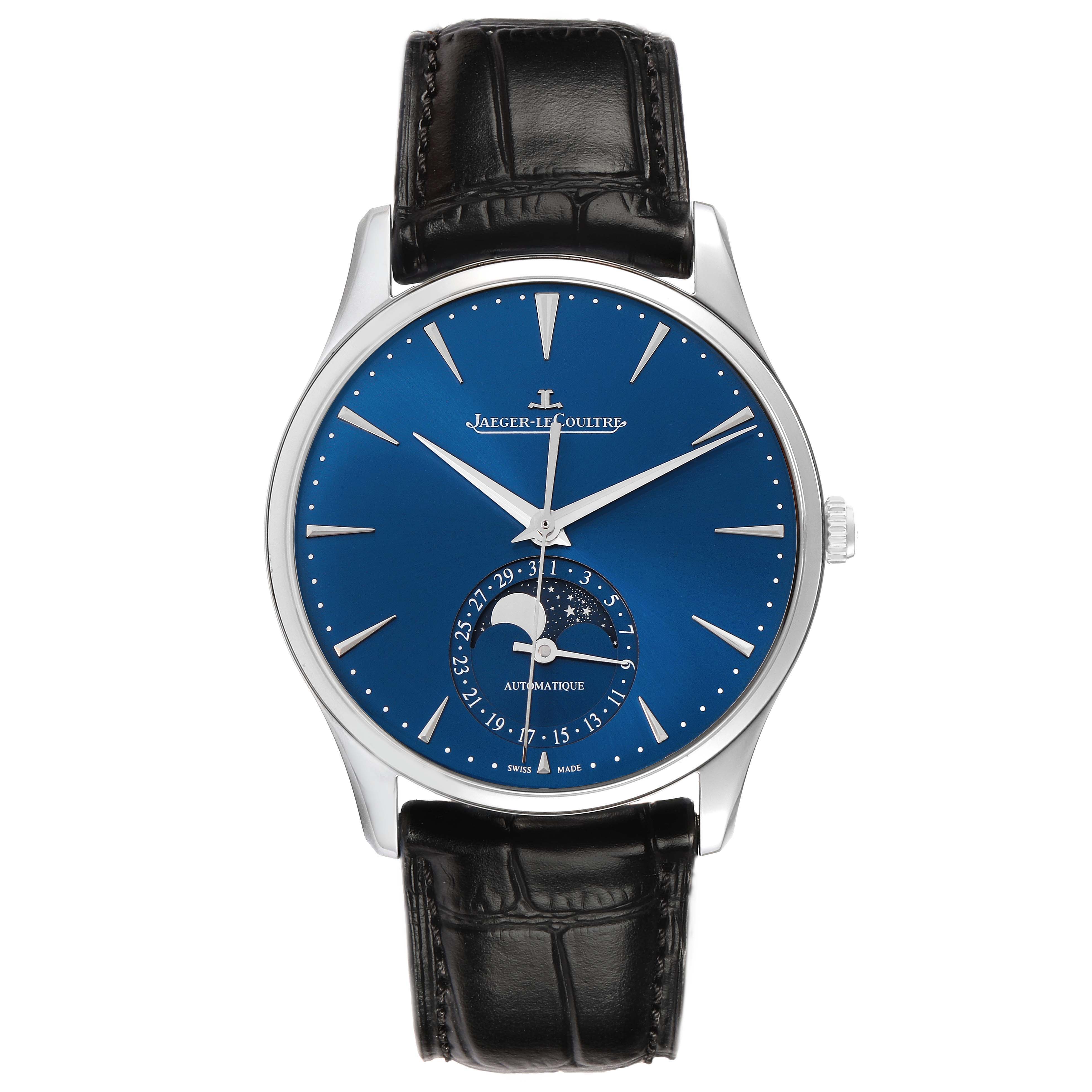 The Jaeger-LeCoultre Master watch is shown from a front angle, featuring a blue dial, a moon phase complication, and a black leather strap.