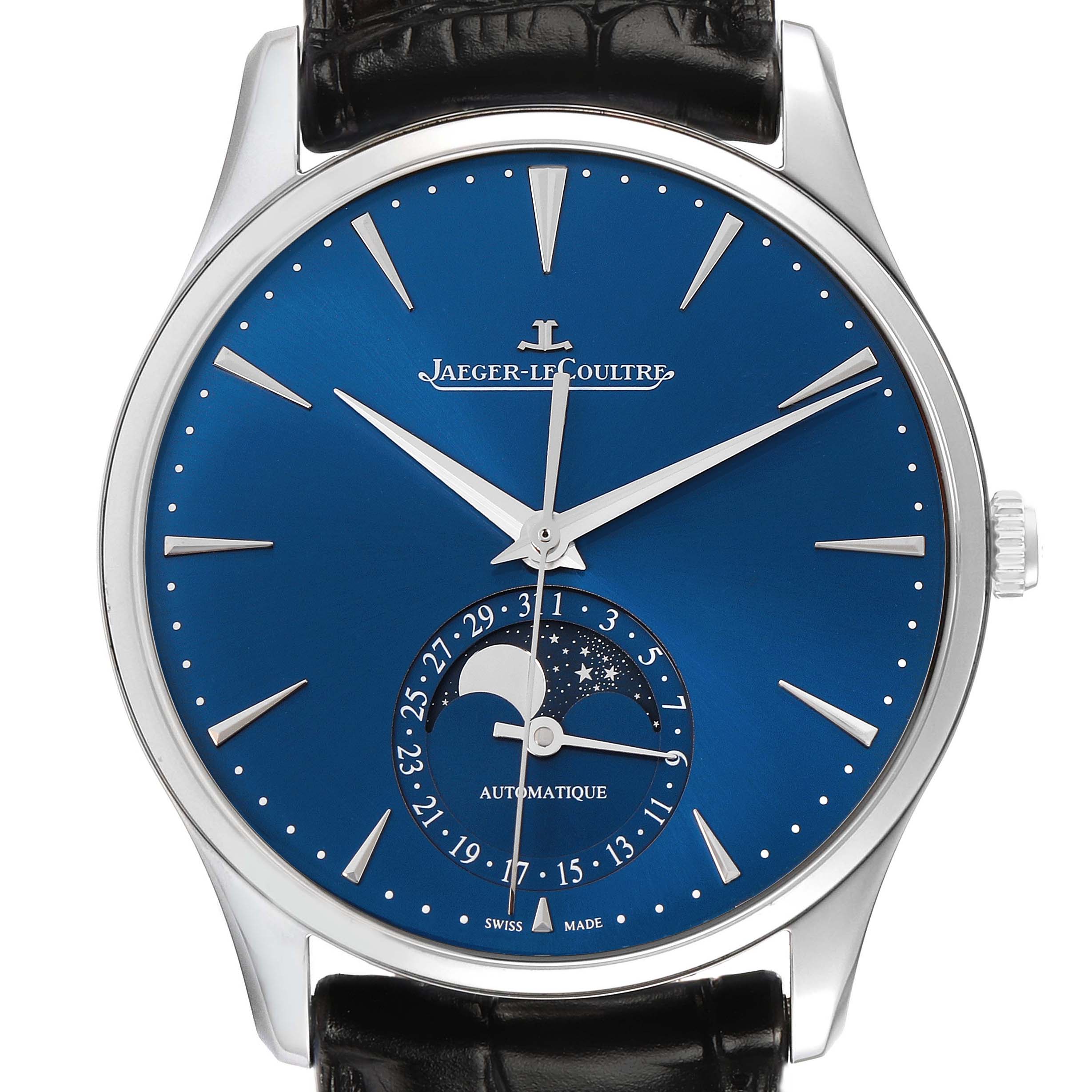 This image shows a front view of the Jaeger-LeCoultre Master watch, highlighting its blue dial and moon phase feature.