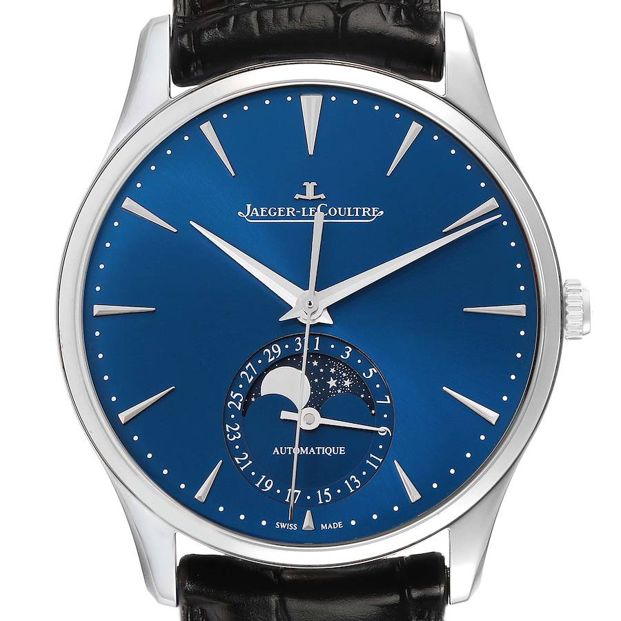 This image shows a front view of the Jaeger-LeCoultre Master watch, highlighting its blue dial and moon phase feature.