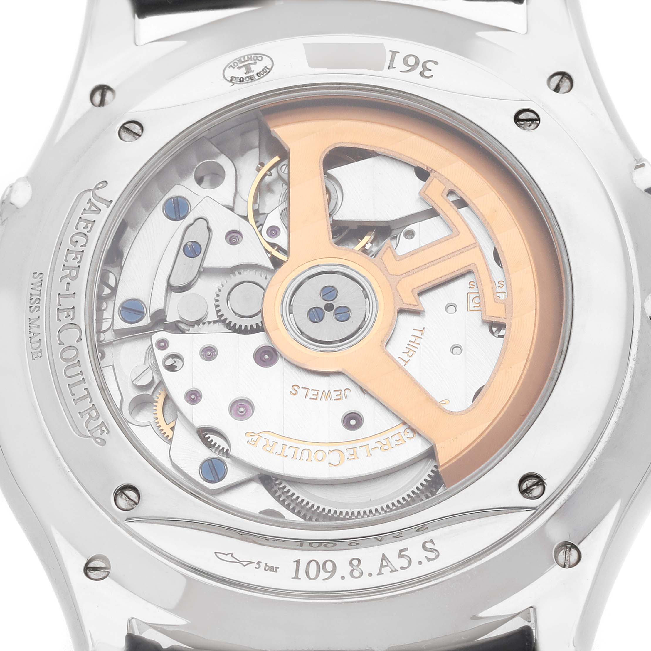 The image shows the back of a Jaeger LeCoultre Master Q1368480 Men's Stainless Steel Blue Dial model, highlighting the movement and rotor.