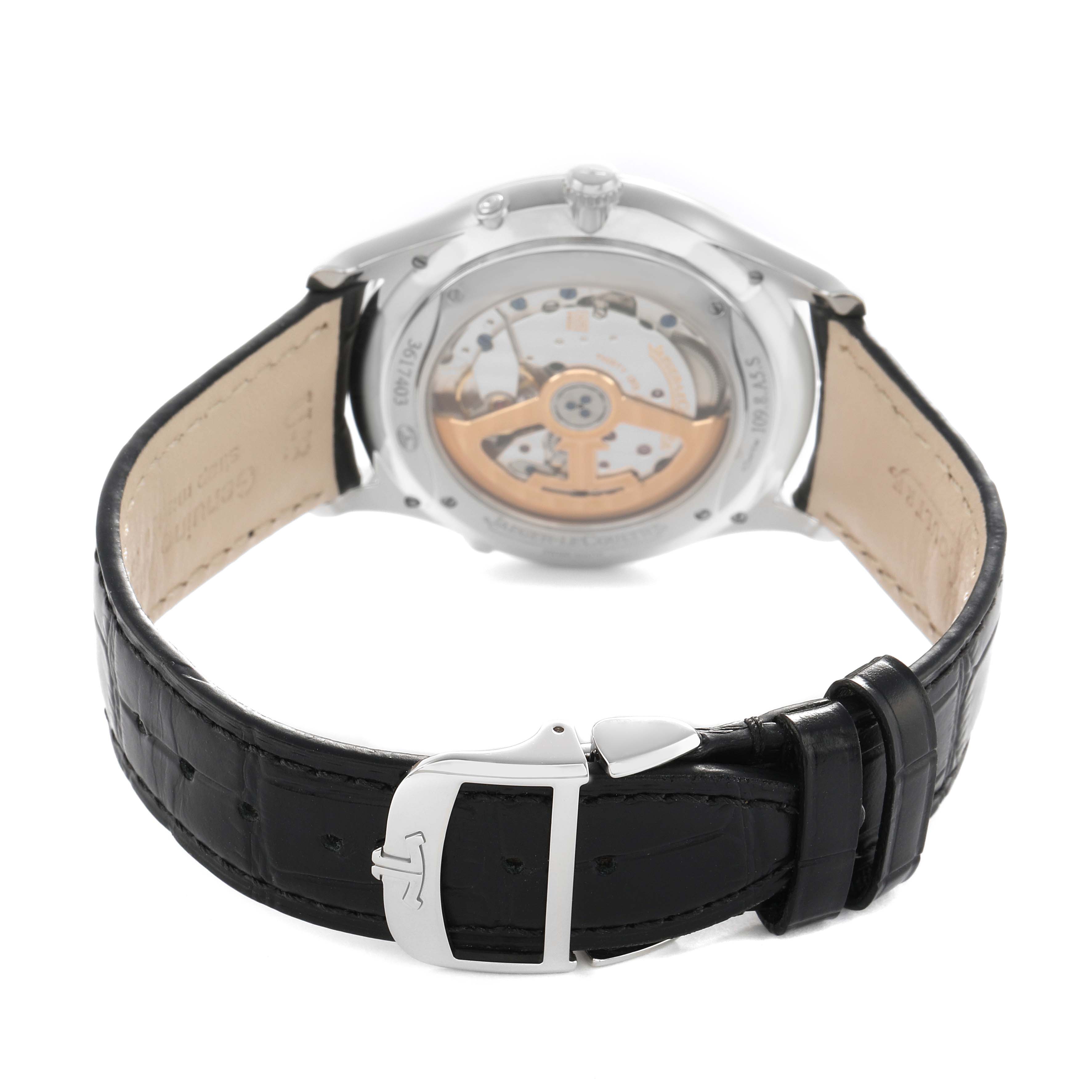 The image shows the back view of the Jaeger LeCoultre Master Q1368480 Men's Stainless Steel Blue Dial watch, highlighting its exposed movement and leather strap with buckle.