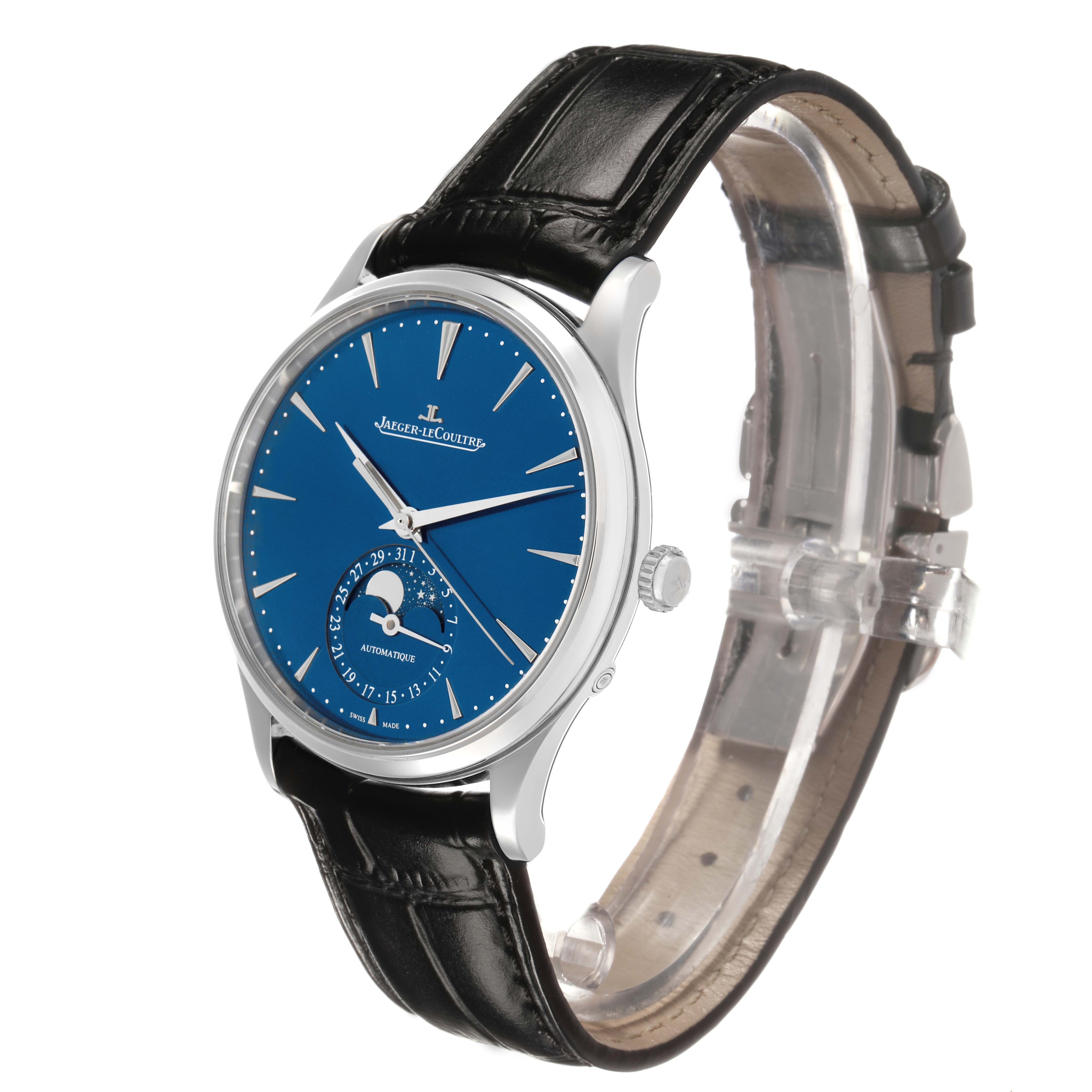 The Jaeger-LeCoultre Master watch is shown at a three-quarter angle, displaying its blue dial, moon phase, and black leather strap.