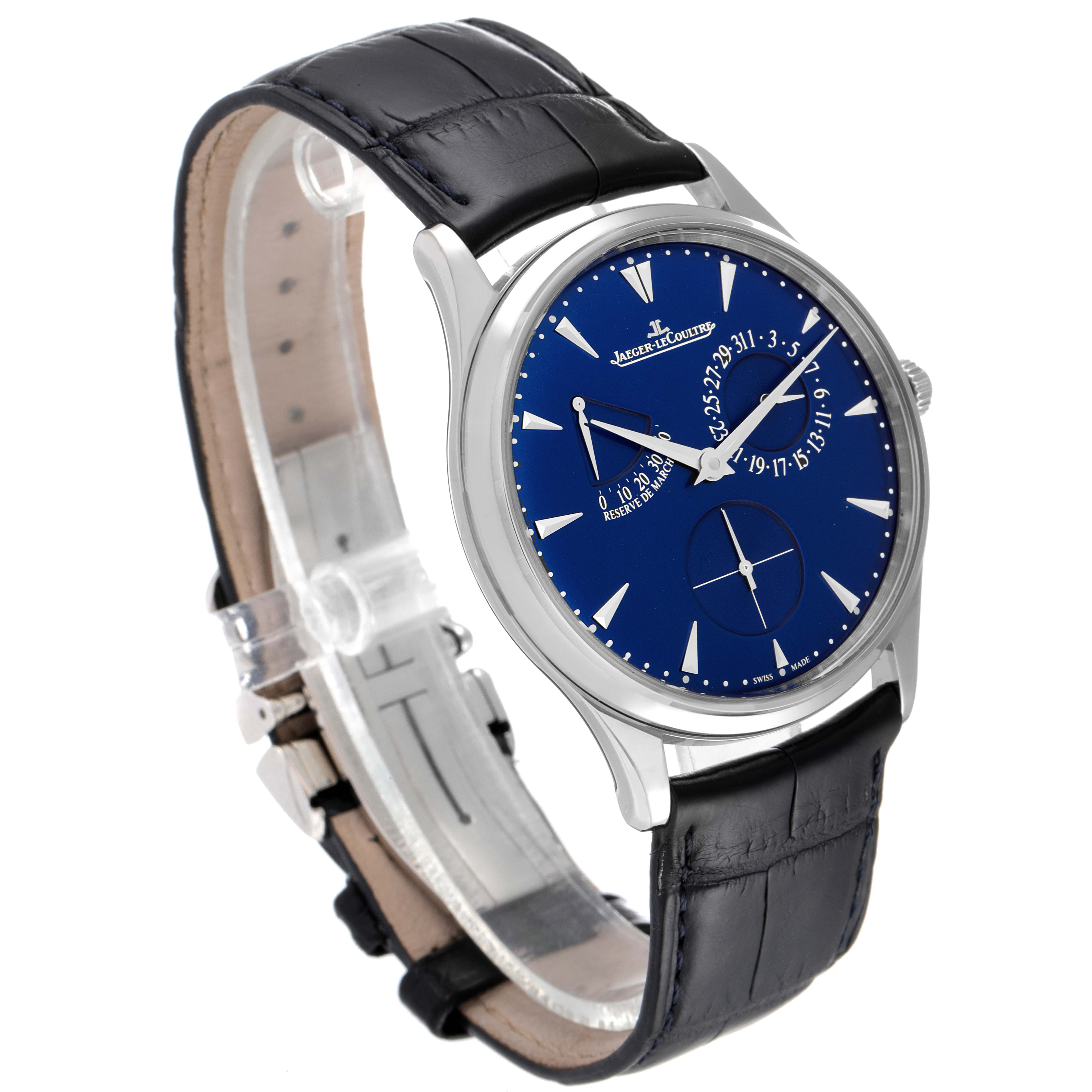 The Jaeger LeCoultre Master Q1378480 Men's Stainless Steel Blue Dial Q1378480 Men's Stainless Steel Blue Dial model watch is shown at an angle displaying the face, strap, and clasp.