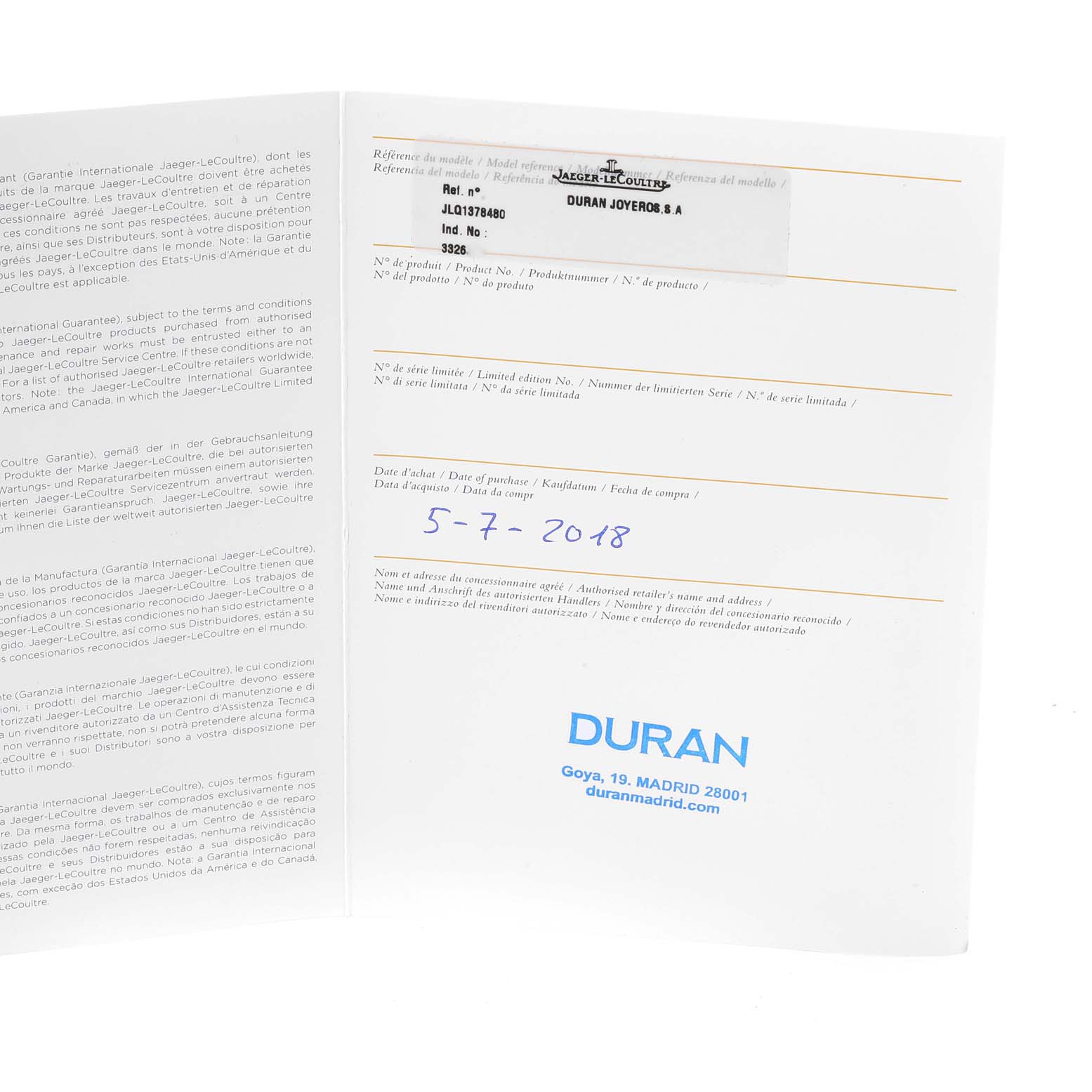 The image shows the warranty card and documentation for a Jaeger LeCoultre Master Q1378480 Men's Stainless Steel Blue Dial Q1378480 Men's Stainless Steel Blue Dial model watch.